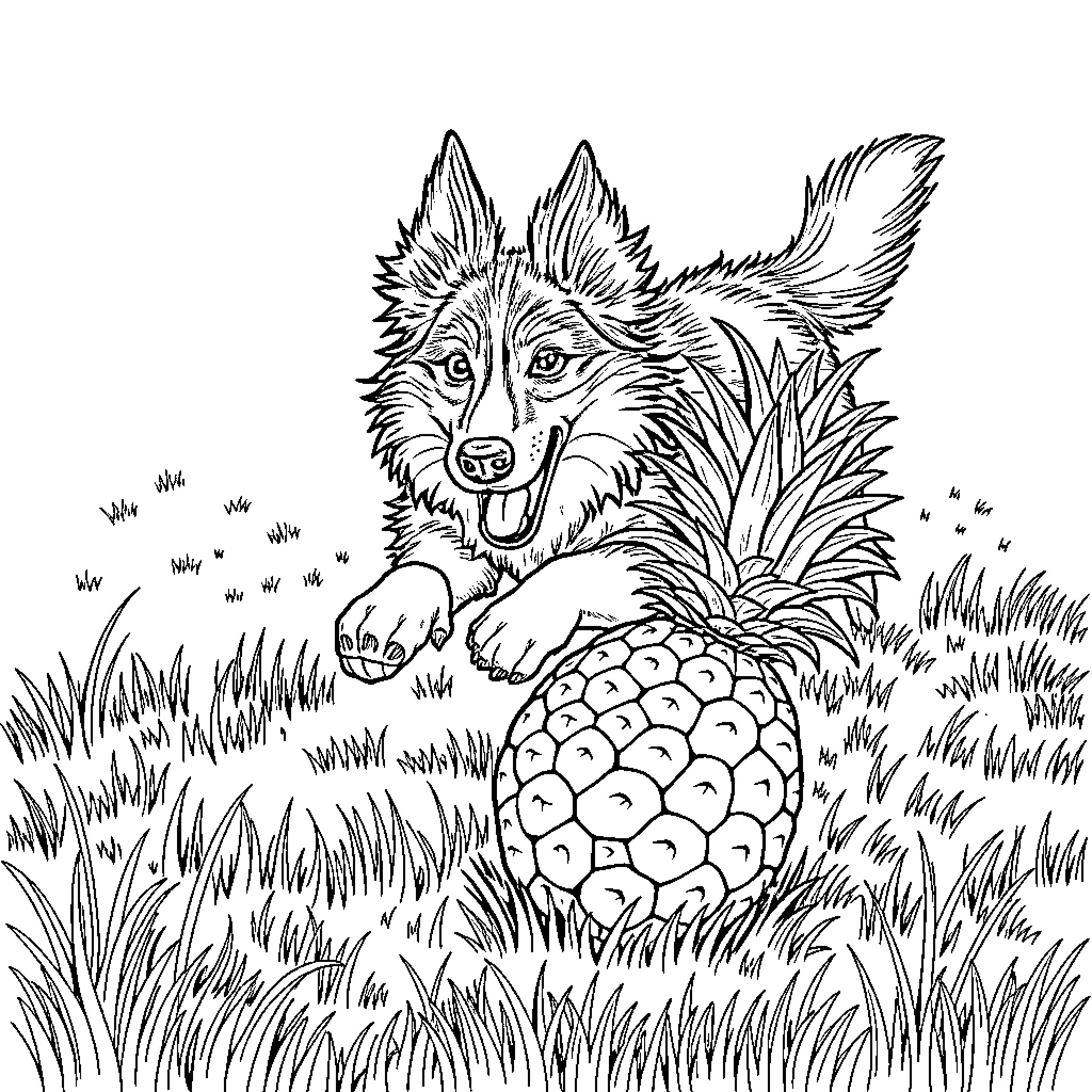 Sheltie playing happily with pineapple in grassy field Coloring Page (free black-and-white line drawing printable PDF for all, from beginners to advanced learners, including children, teens, adults, and seniors)
