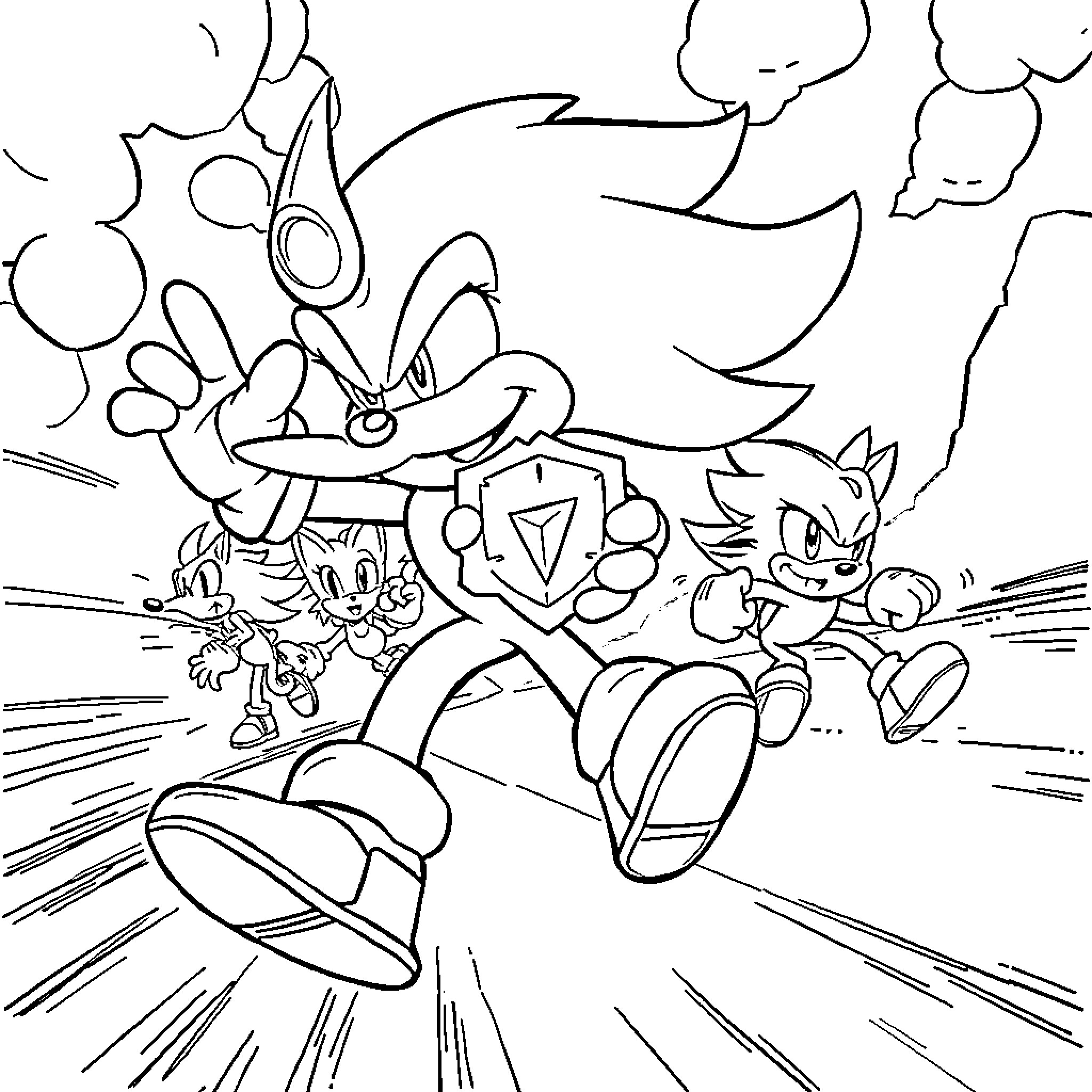 Dr. Eggman chasing Sonic and friends in action Coloring Page (free black-and-white line drawing printable PDF for all, from beginners to advanced learners, including children, teens, adults, and seniors)