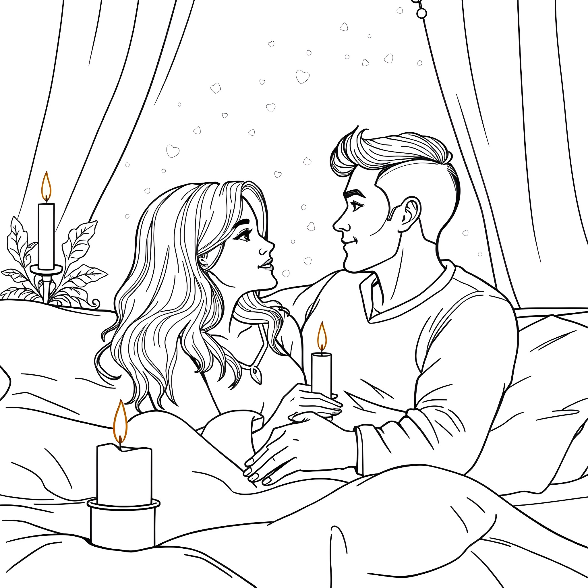 Parents enjoying a romantic candlelit evening Coloring Page (free black-and-white line drawing printable PDF for all, from beginners to advanced learners, including children, teens, adults, and seniors)