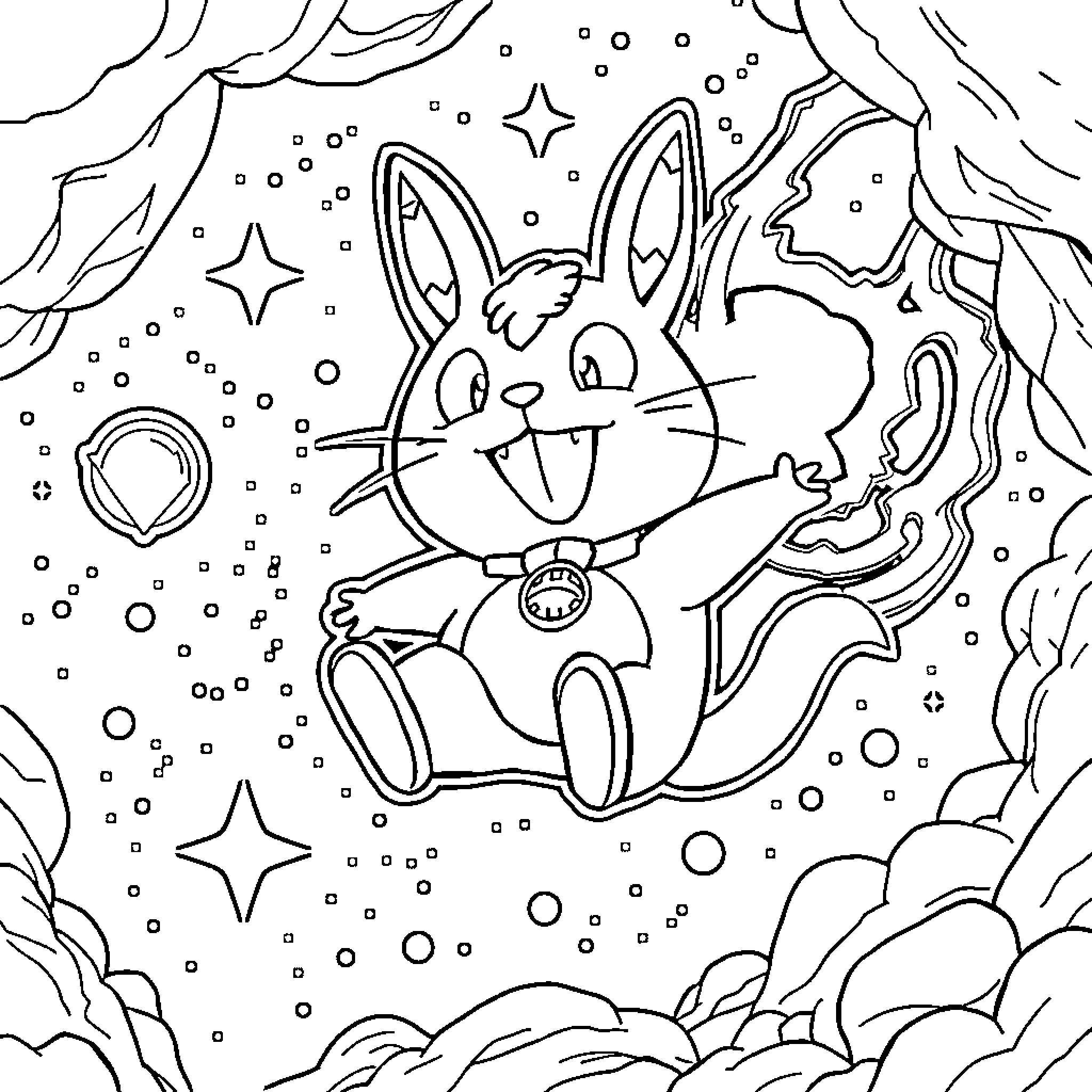 Doraemon floating happily in the starry night sky Coloring Page (free black-and-white line drawing printable PDF for all, from beginners to advanced learners, including children, teens, adults, and seniors)
