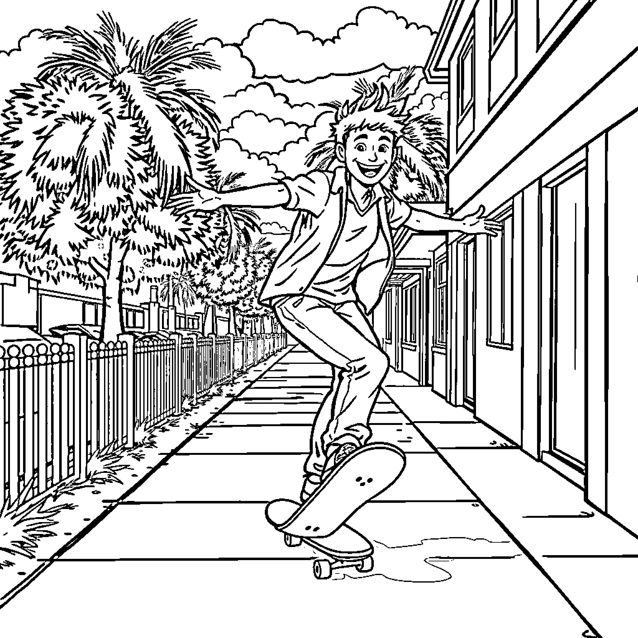 Skateboarder performing tricks in urban environment Coloring Page (free black-and-white line drawing printable PDF for all, from beginners to advanced learners, including children, teens, adults, and seniors)