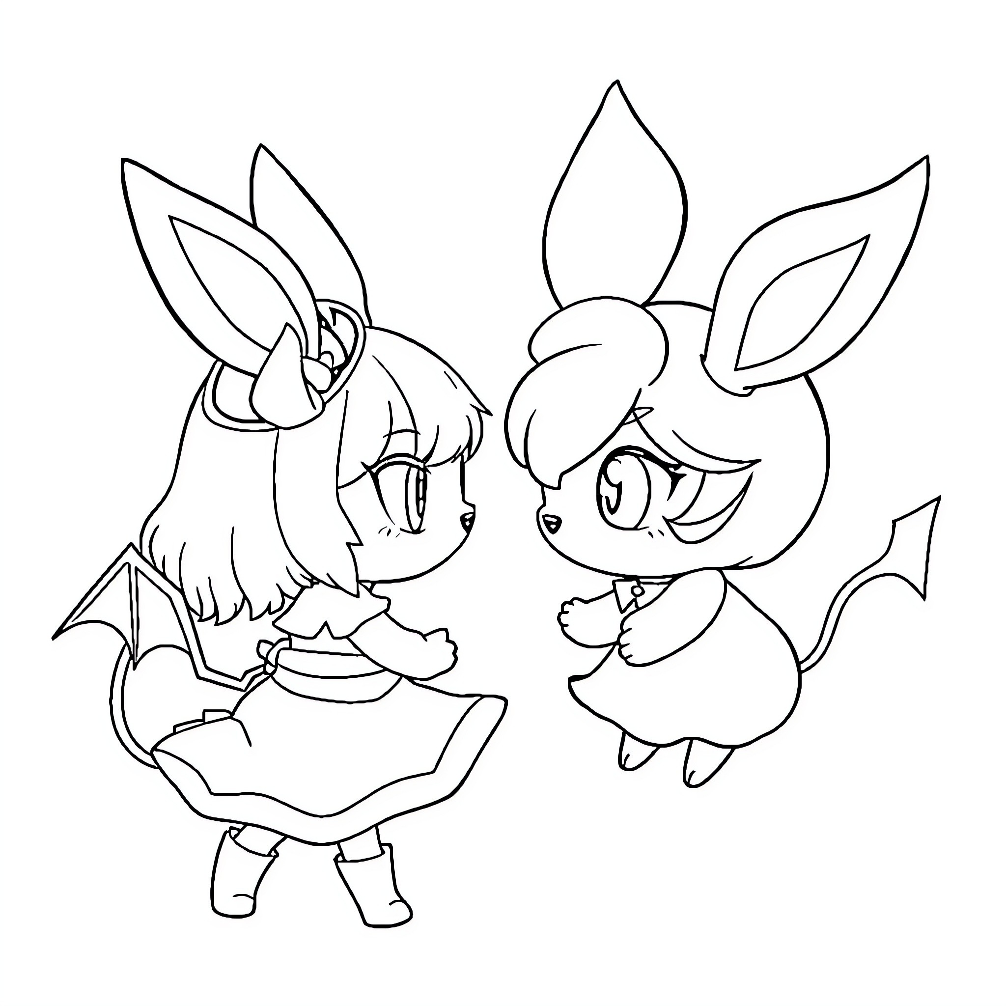 Cinnamoroll and Spooky Friend in Playful Interaction Coloring Page (free black-and-white line drawing printable PDF for all, from beginners to advanced learners, including children, teens, adults, and seniors)