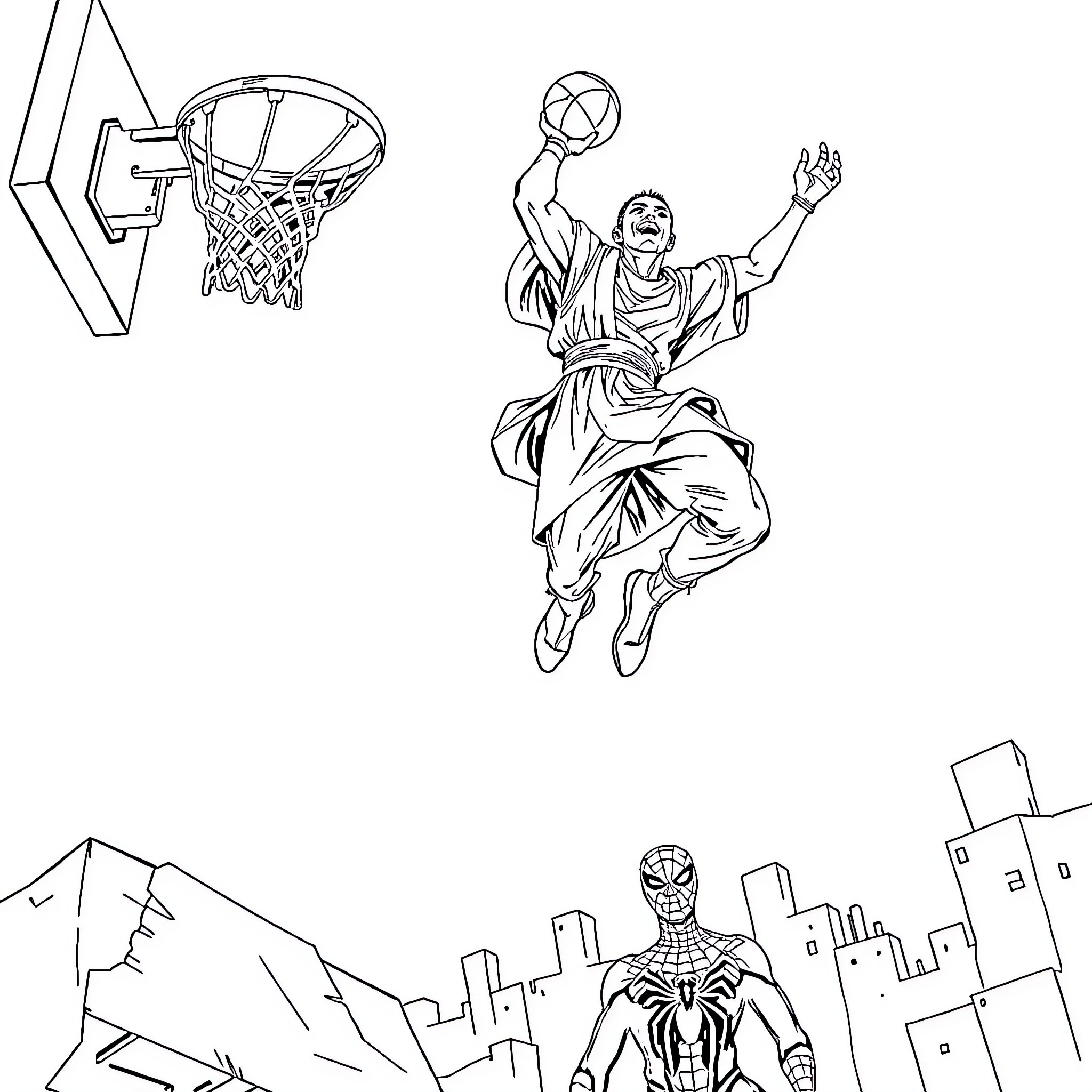 Mace Windu Dunks Effortlessly and Spiderman Surveys the City Coloring Page (free black-and-white line drawing printable PDF for all, from beginners to advanced learners, including children, teens, adults, and seniors)