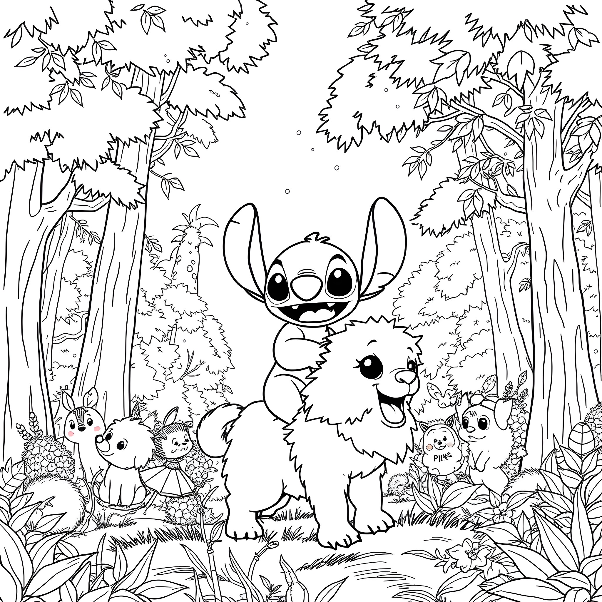 Stitch Enjoys a Whimsical Forest Adventure Coloring Page (free black-and-white line drawing printable PDF for all, from beginners to advanced learners, including children, teens, adults, and seniors)