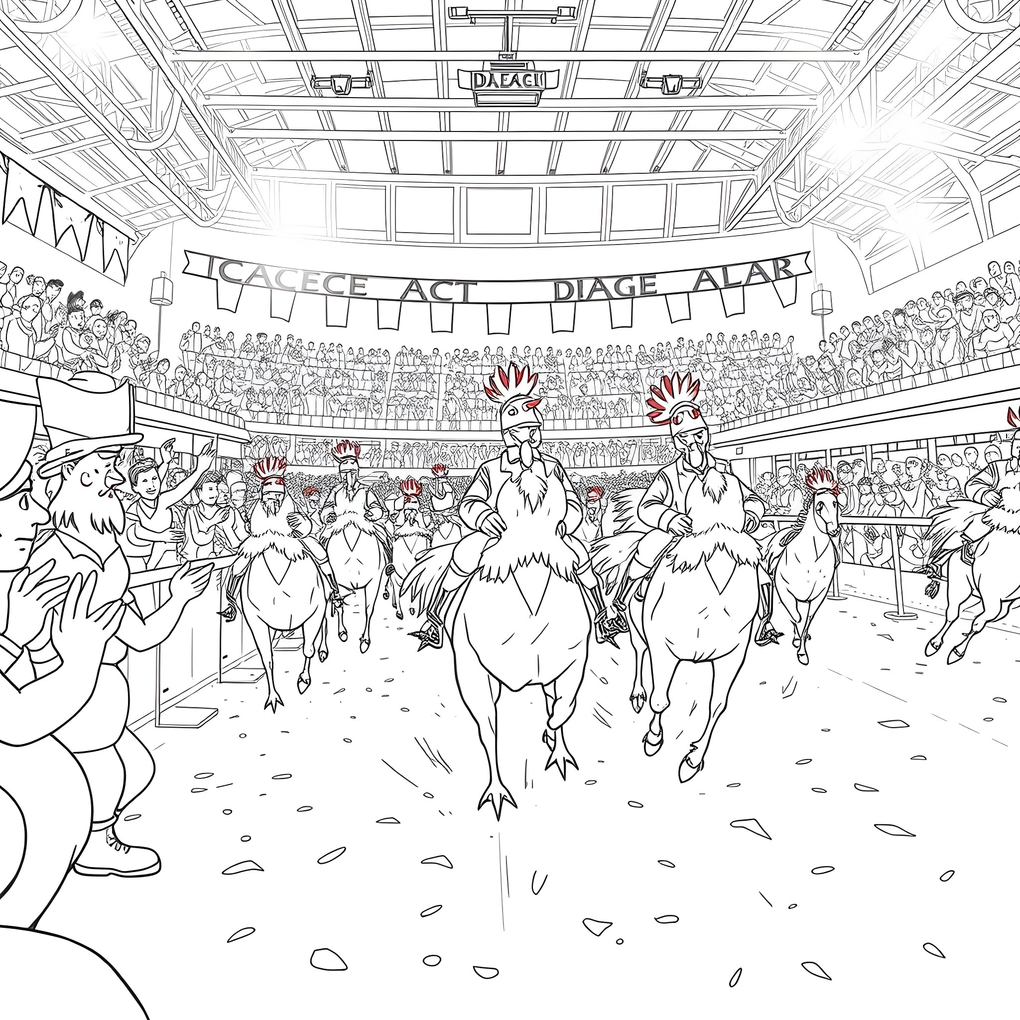 Chicken race in a crowded stadium Coloring Page (free black-and-white line drawing printable PDF for all, from beginners to advanced learners, including children, teens, adults, and seniors)