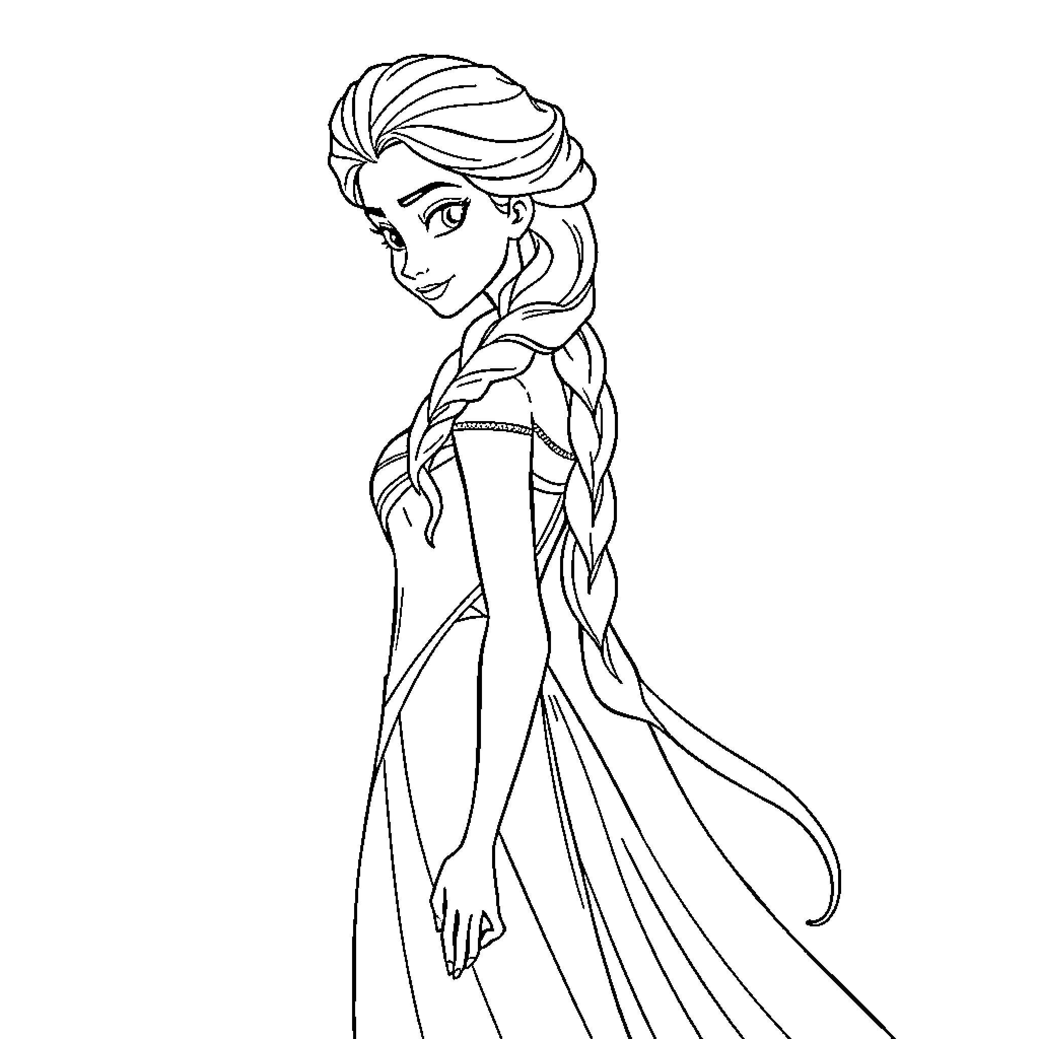 Elsa smiling in her iconic winter dress Coloring Page (free black-and-white line drawing printable PDF for all, from beginners to advanced learners, including children, teens, adults, and seniors)