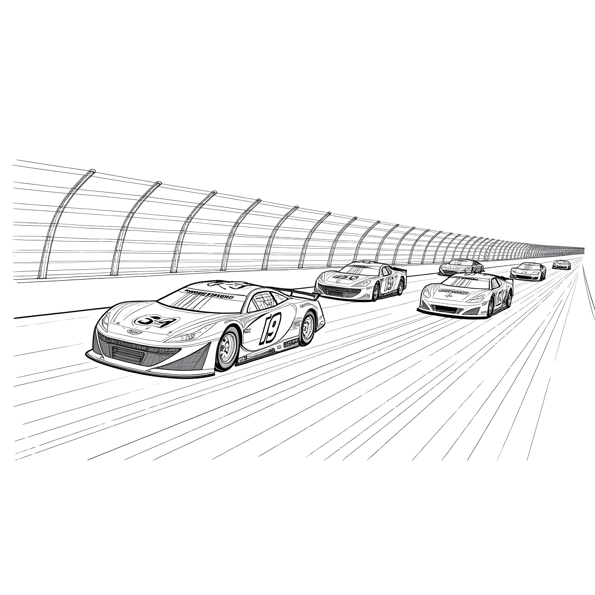 Nascar race cars speeding on the track Coloring Page (free black-and-white line drawing printable PDF for all, from beginners to advanced learners, including children, teens, adults, and seniors)