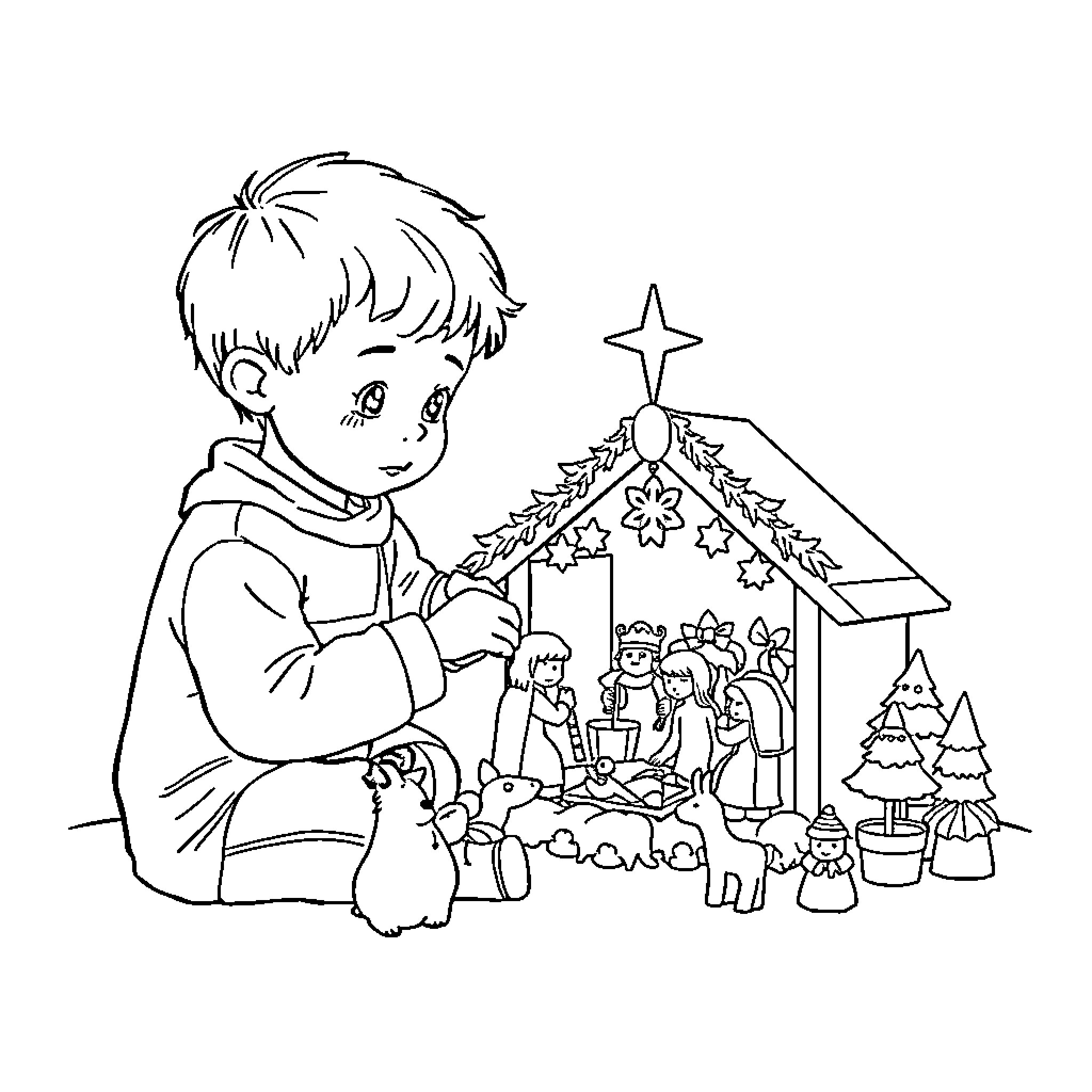 Child admiring Christmas nativity scene Coloring Page (free black-and-white line drawing printable PDF for all, from beginners to advanced learners, including children, teens, adults, and seniors)