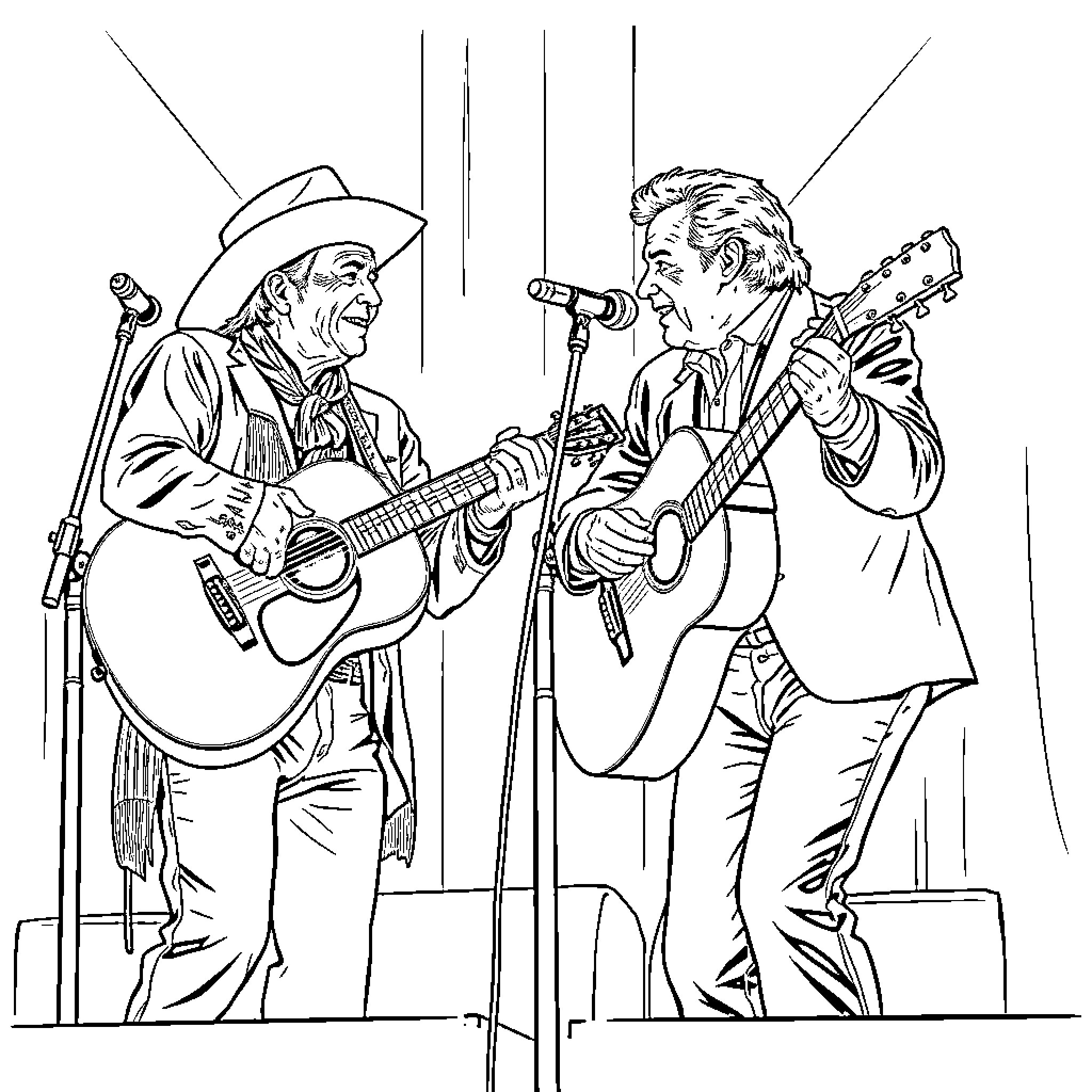 Willie Nelson performing on stage with another musician Coloring Page (free black-and-white line drawing printable PDF for all, from beginners to advanced learners, including children, teens, adults, and seniors)