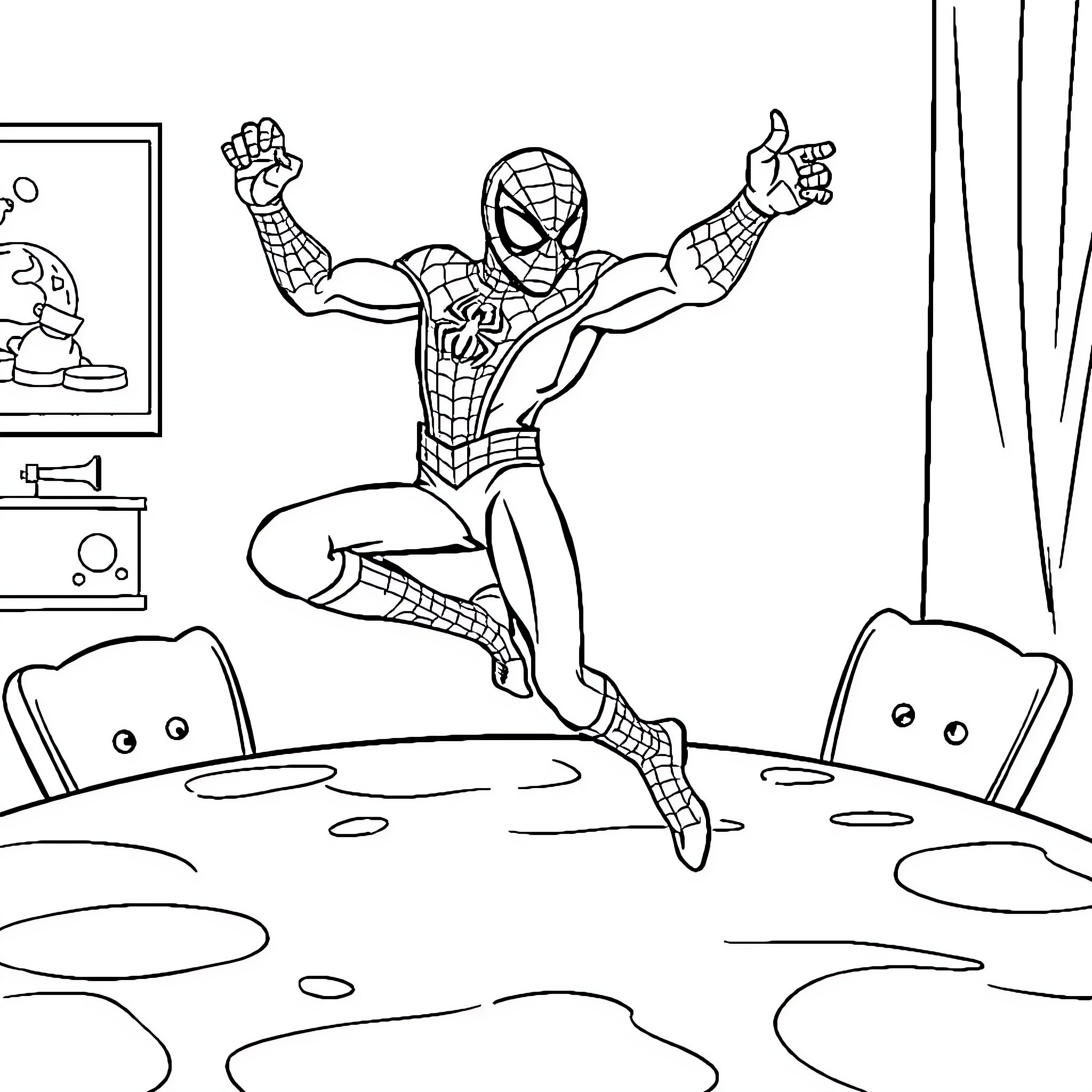 Spiderman swinging into action in his room Coloring Page (free black-and-white line drawing printable PDF for all, from beginners to advanced learners, including children, teens, adults, and seniors)