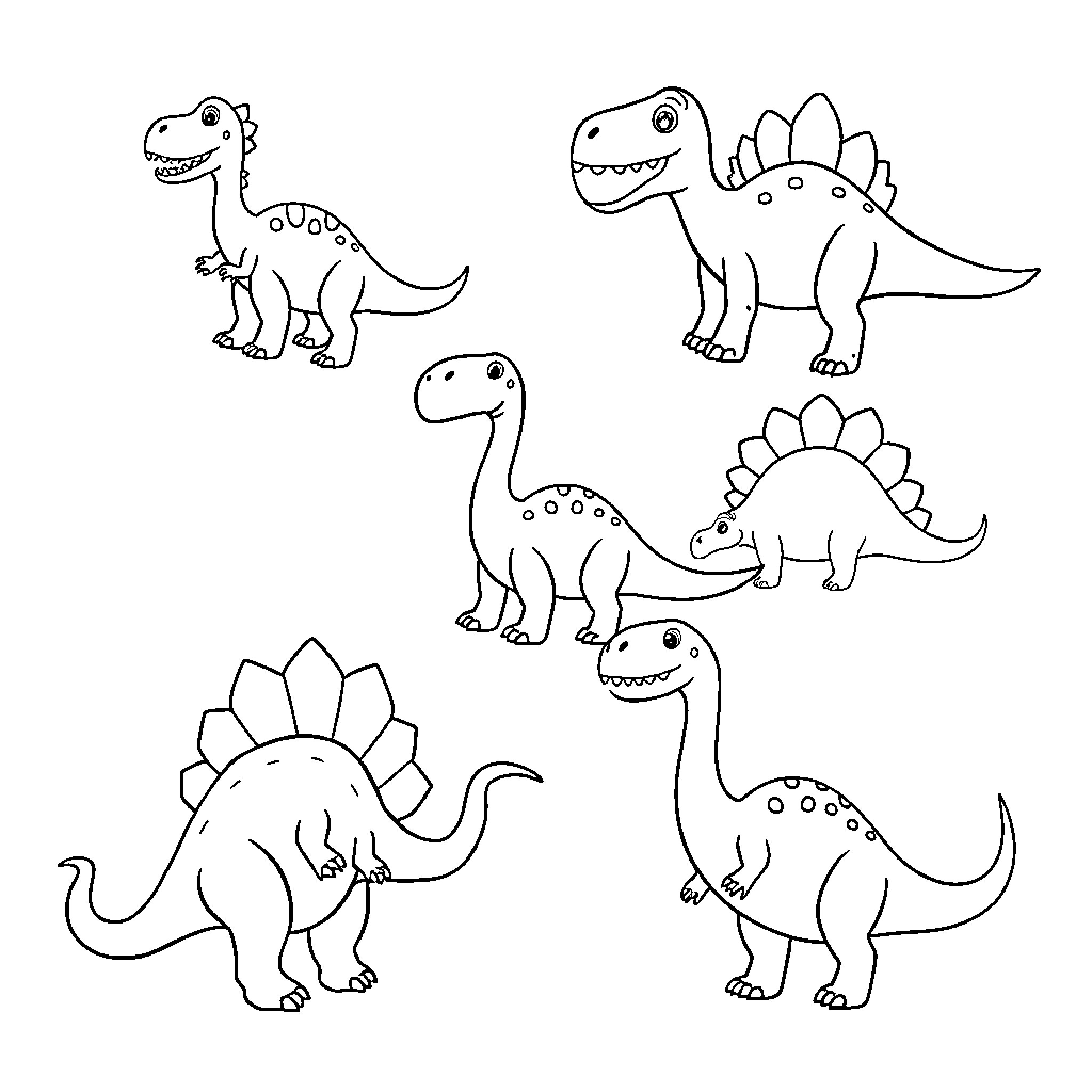 Dinosaur characters in various poses and expressions Coloring Page (free black-and-white line drawing printable PDF for all, from beginners to advanced learners, including children, teens, adults, and seniors)