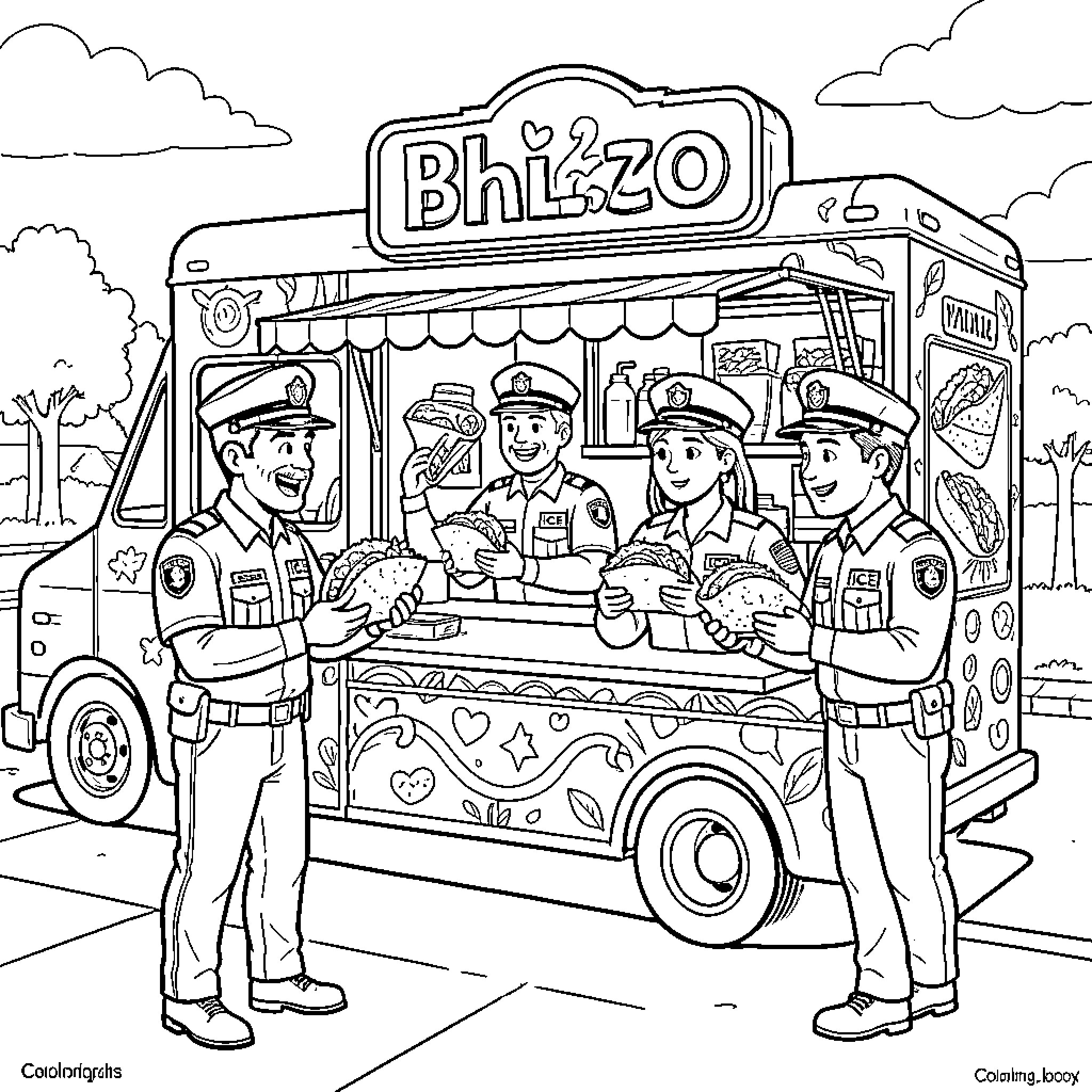 Ice Agent Serving Treats at a Food Truck Coloring Page (free black-and-white line drawing printable PDF for all, from beginners to advanced learners, including children, teens, adults, and seniors)