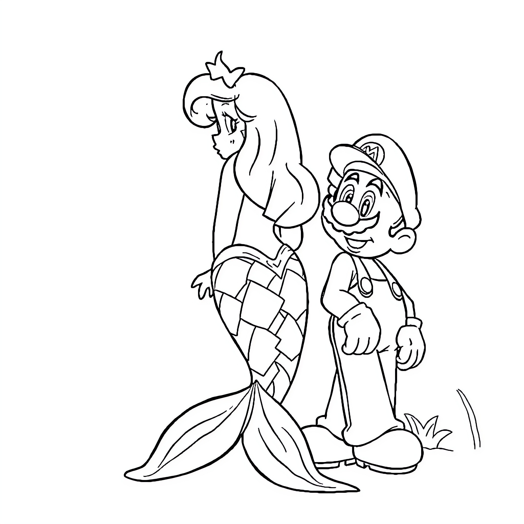 Mermaid and plumber meet in the ocean Coloring Page (free black-and-white line drawing printable PDF for all, from beginners to advanced learners, including children, teens, adults, and seniors)