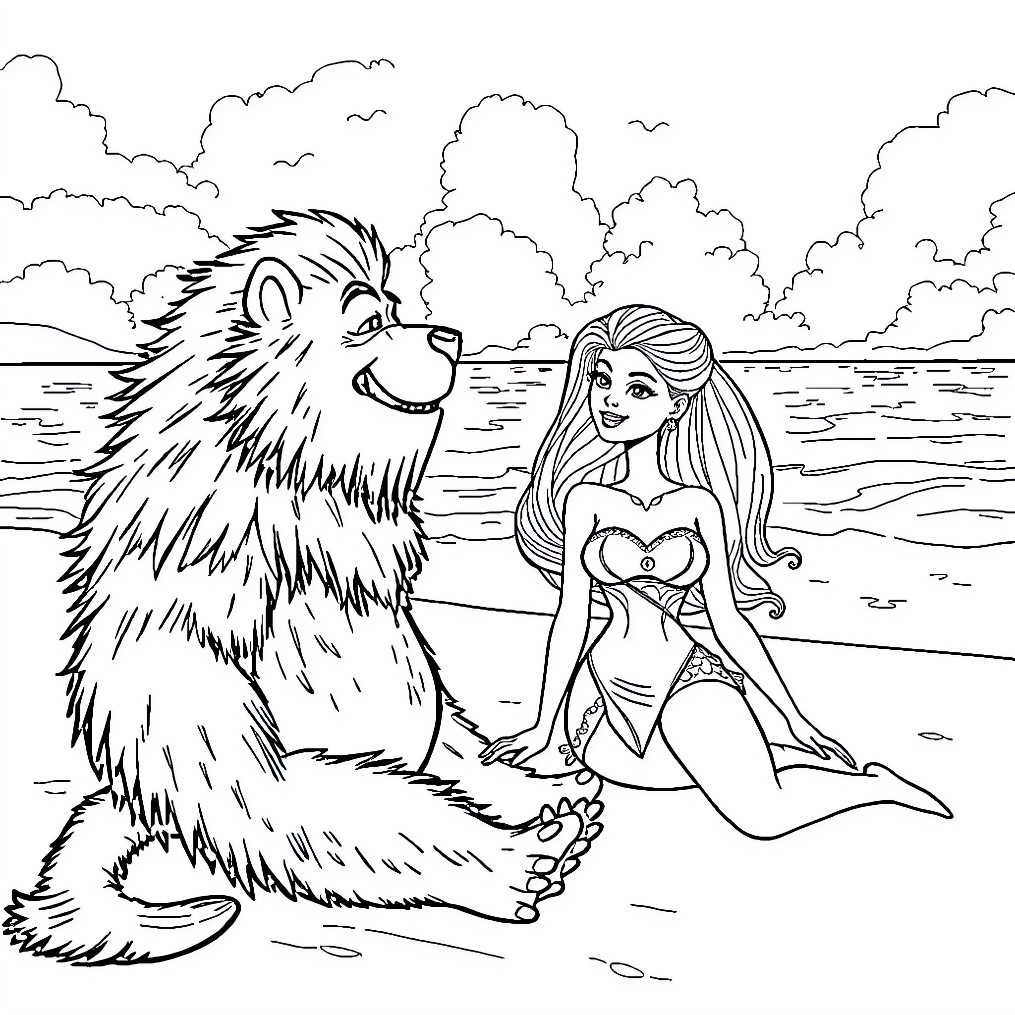 Beast and Maiden by the Shimmering Sea Coloring Page (free black-and-white line drawing printable PDF for all, from beginners to advanced learners, including children, teens, adults, and seniors)