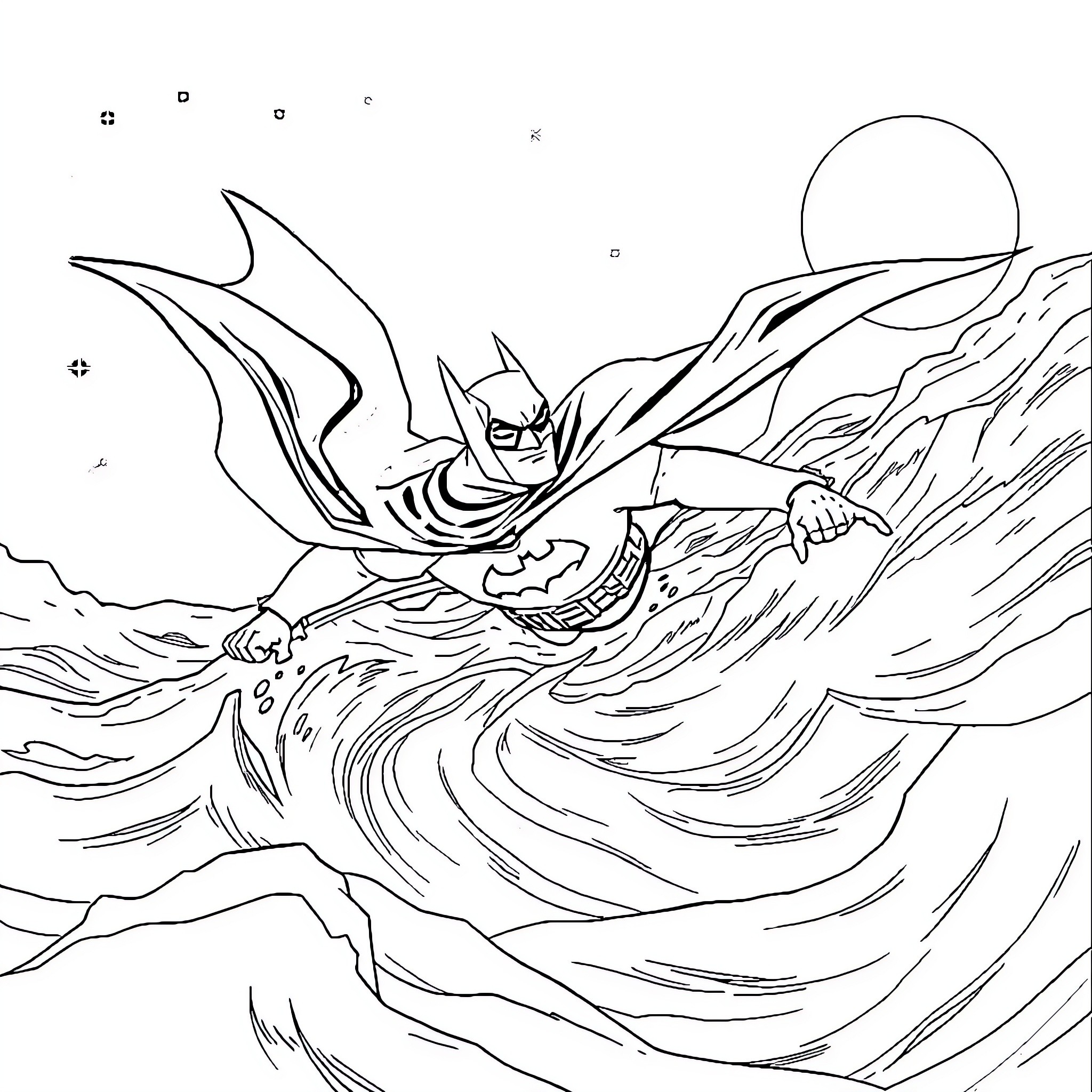 Batman soaring through the night sky Coloring Page (free black-and-white line drawing printable PDF for all, from beginners to advanced learners, including children, teens, adults, and seniors)