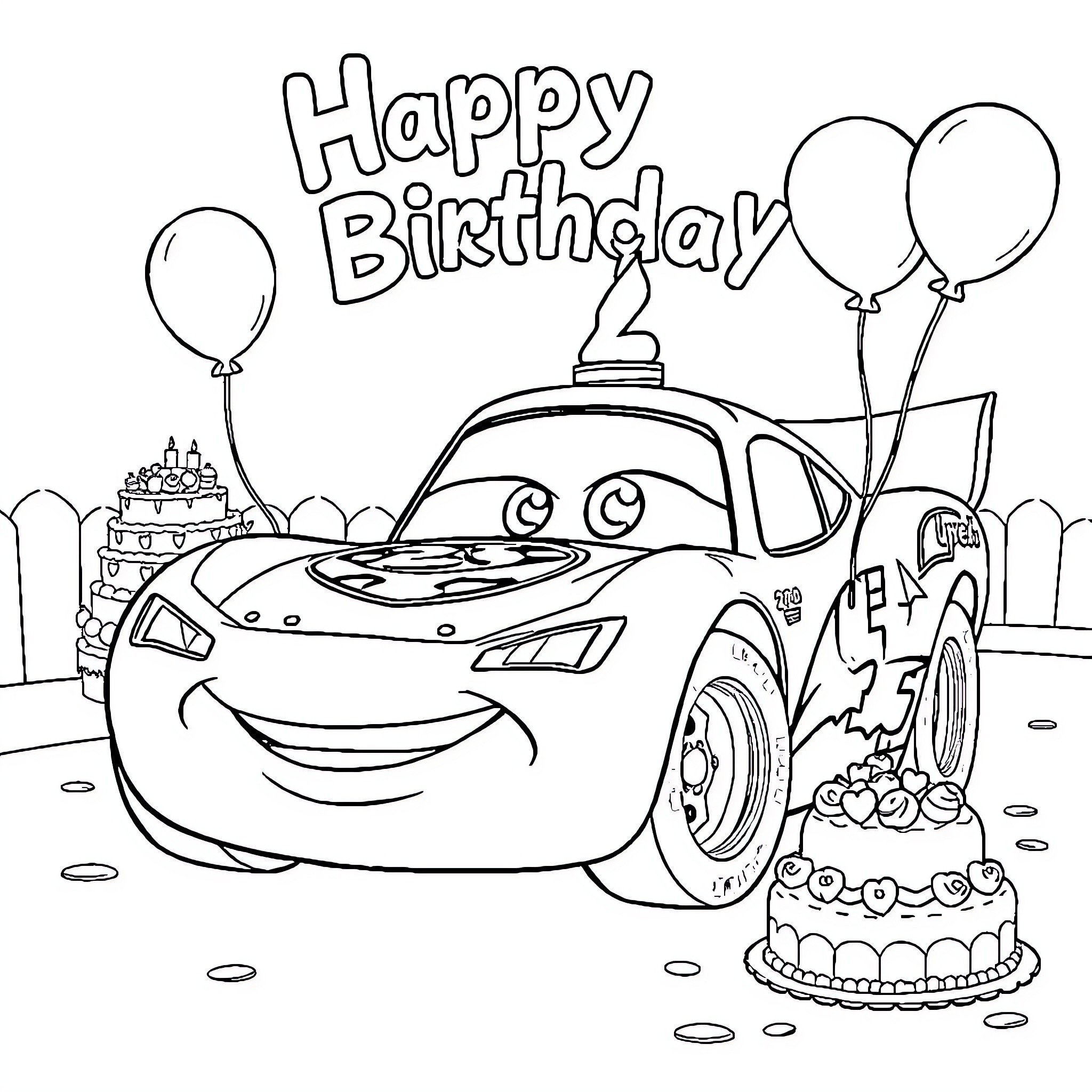 Flash McQueen celebrates Happy Birthday with cake and balloons Coloring Page (free black-and-white line drawing printable PDF for all, from beginners to advanced learners, including children, teens, adults, and seniors)