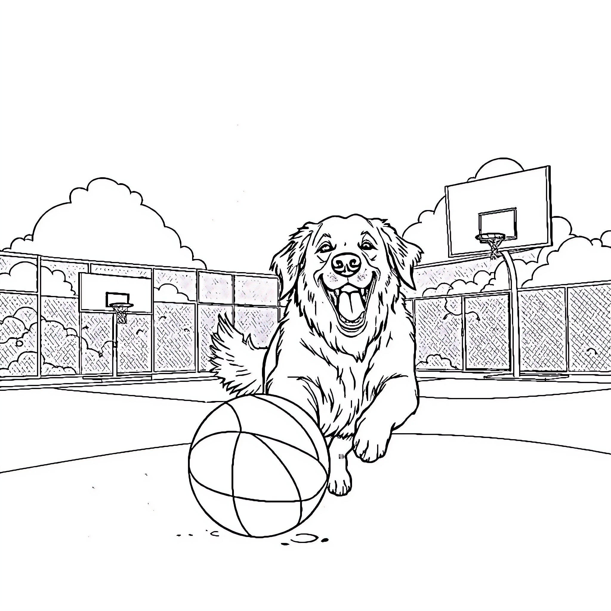 Golden Retriever playing with ball at basketball court Coloring Page (free black-and-white line drawing printable PDF for all, from beginners to advanced learners, including children, teens, adults, and seniors)