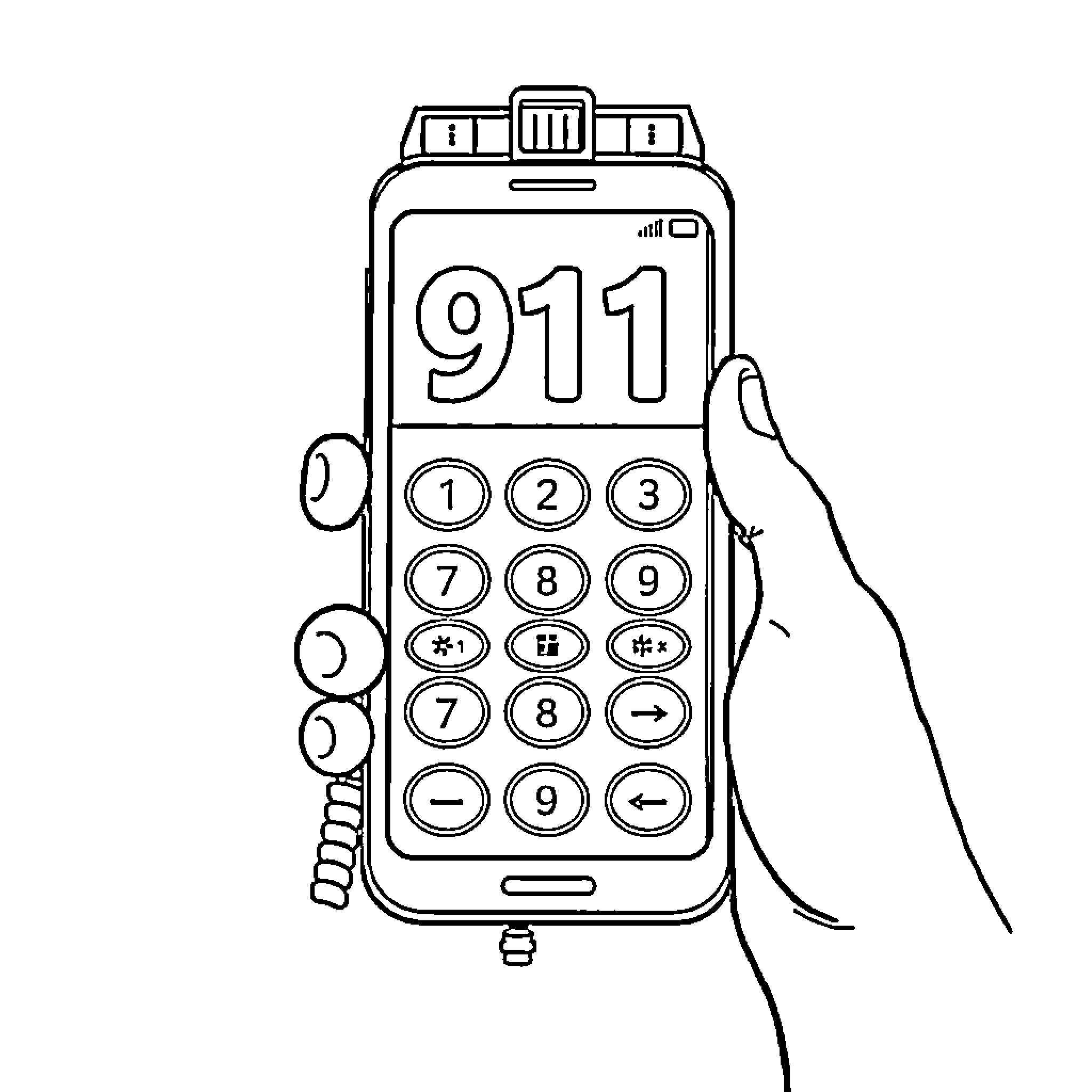 911 emergency call on smartphone device Coloring Page (free black-and-white line drawing printable PDF for all, from beginners to advanced learners, including children, teens, adults, and seniors)