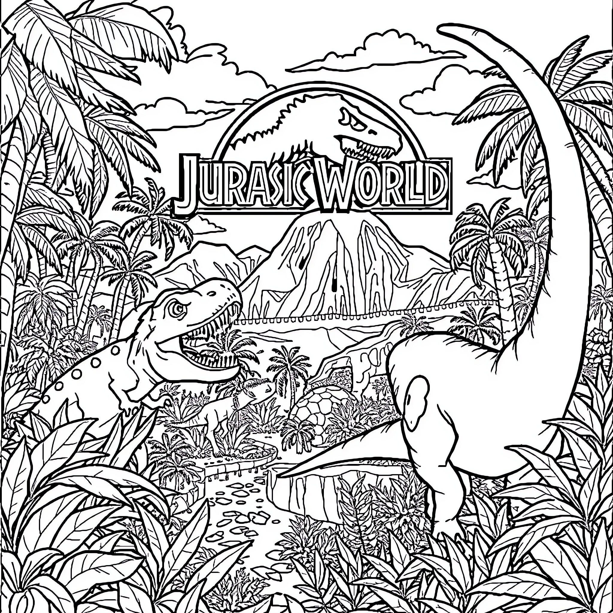 Jurassic World: Dinosaurs in a Lush Jungle Landscape Coloring Page (free black-and-white line drawing printable PDF for all, from beginners to advanced learners, including children, teens, adults, and seniors)