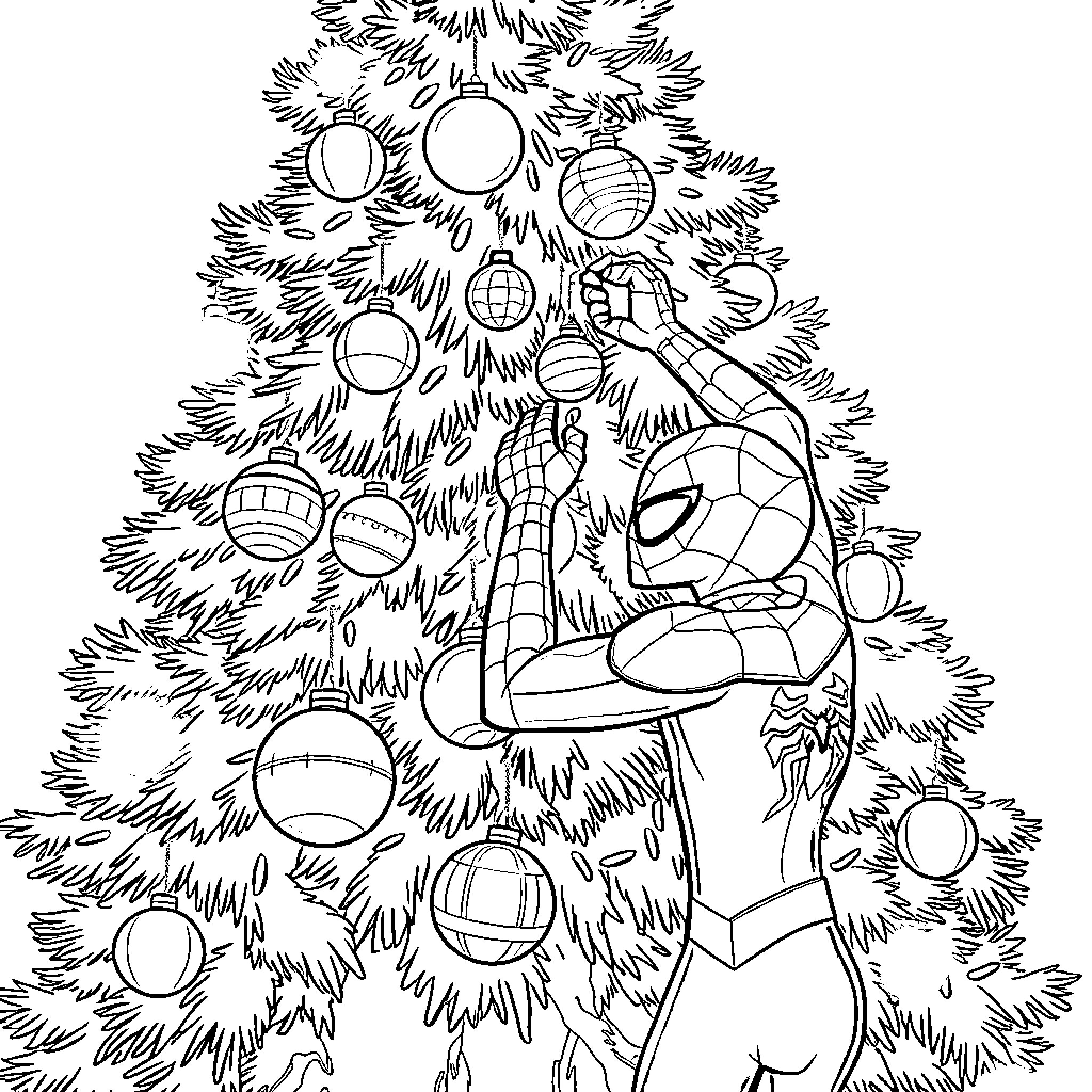 Spider-Man decorating a festive Christmas tree Coloring Page (free black-and-white line drawing printable PDF for all, from beginners to advanced learners, including children, teens, adults, and seniors)