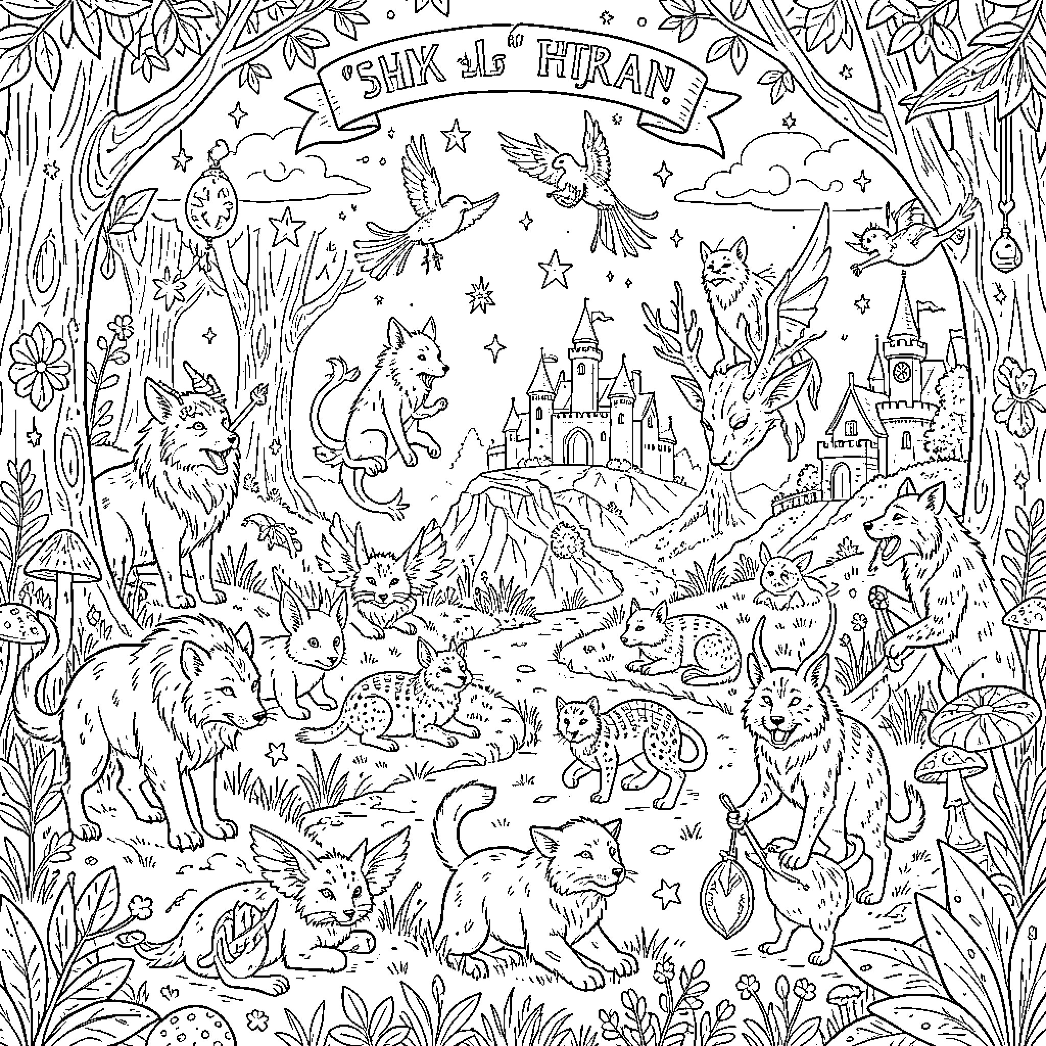Fantasy creatures adventuring through a magical forest landscape Coloring Page (free black-and-white line drawing printable PDF for all, from beginners to advanced learners, including children, teens, adults, and seniors)