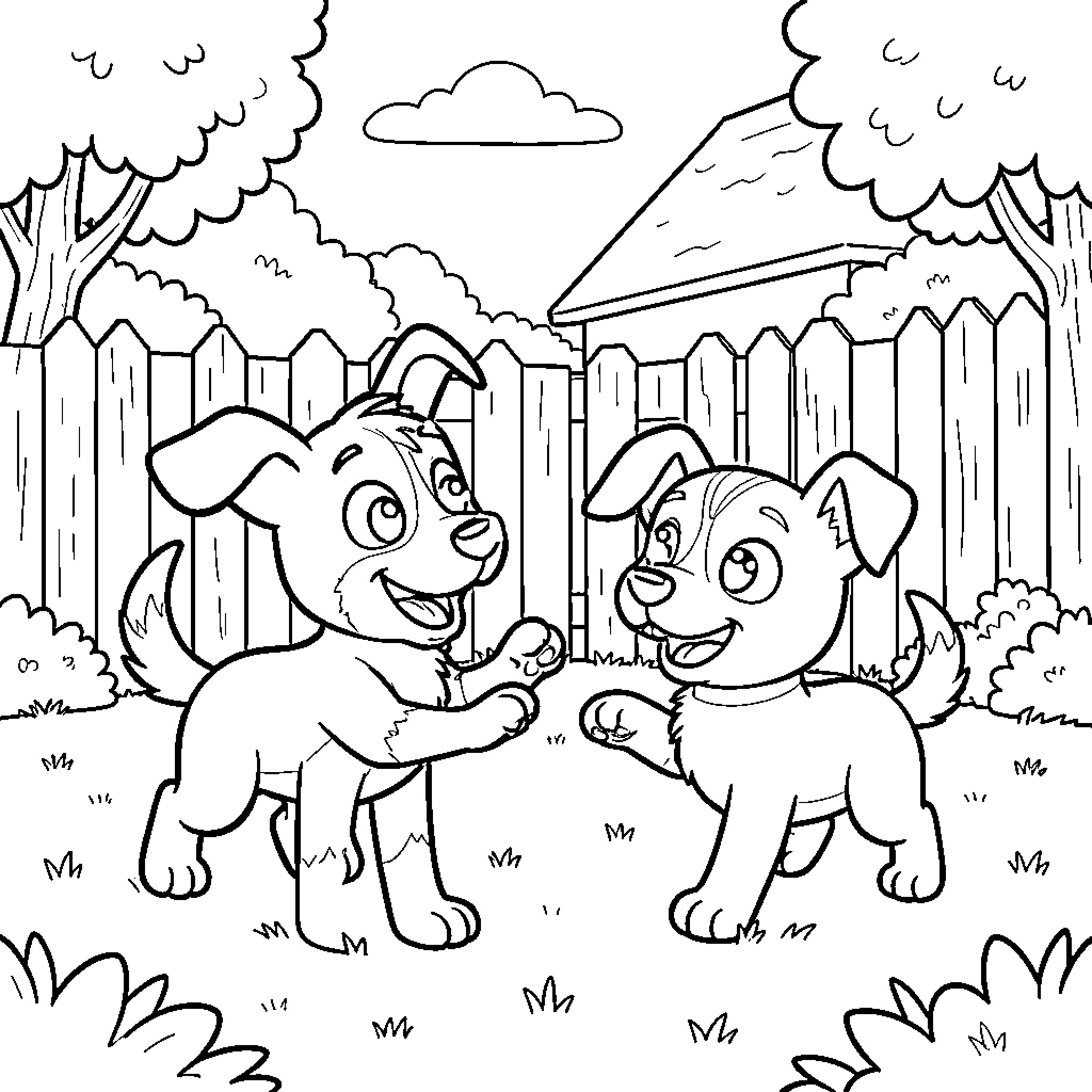 Bluey characters playing happily together in a backyard Coloring Page (free black-and-white line drawing printable PDF for all, from beginners to advanced learners, including children, teens, adults, and seniors)