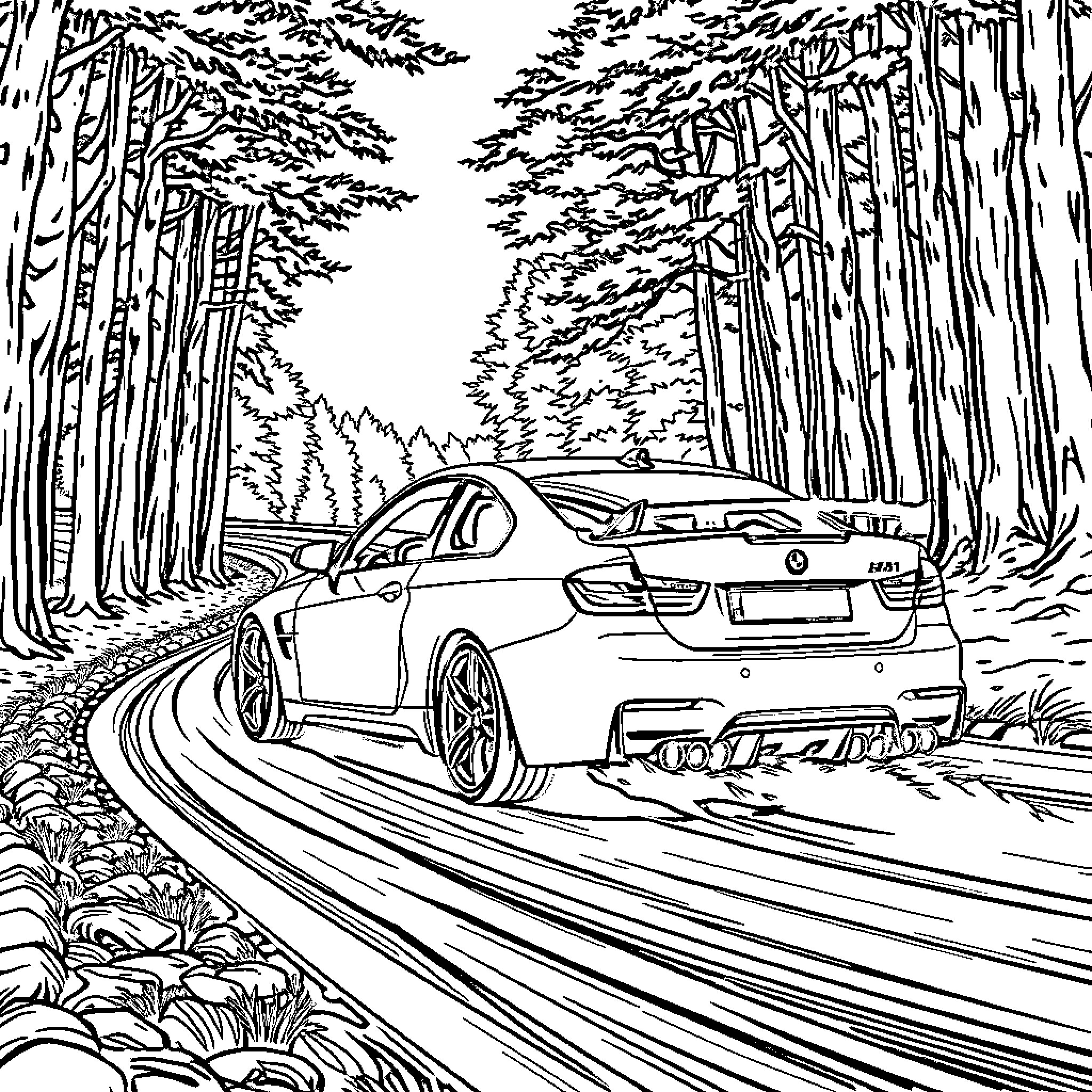 BMW M3 driving through a dense forest road Coloring Page (free black-and-white line drawing printable PDF for all, from beginners to advanced learners, including children, teens, adults, and seniors)