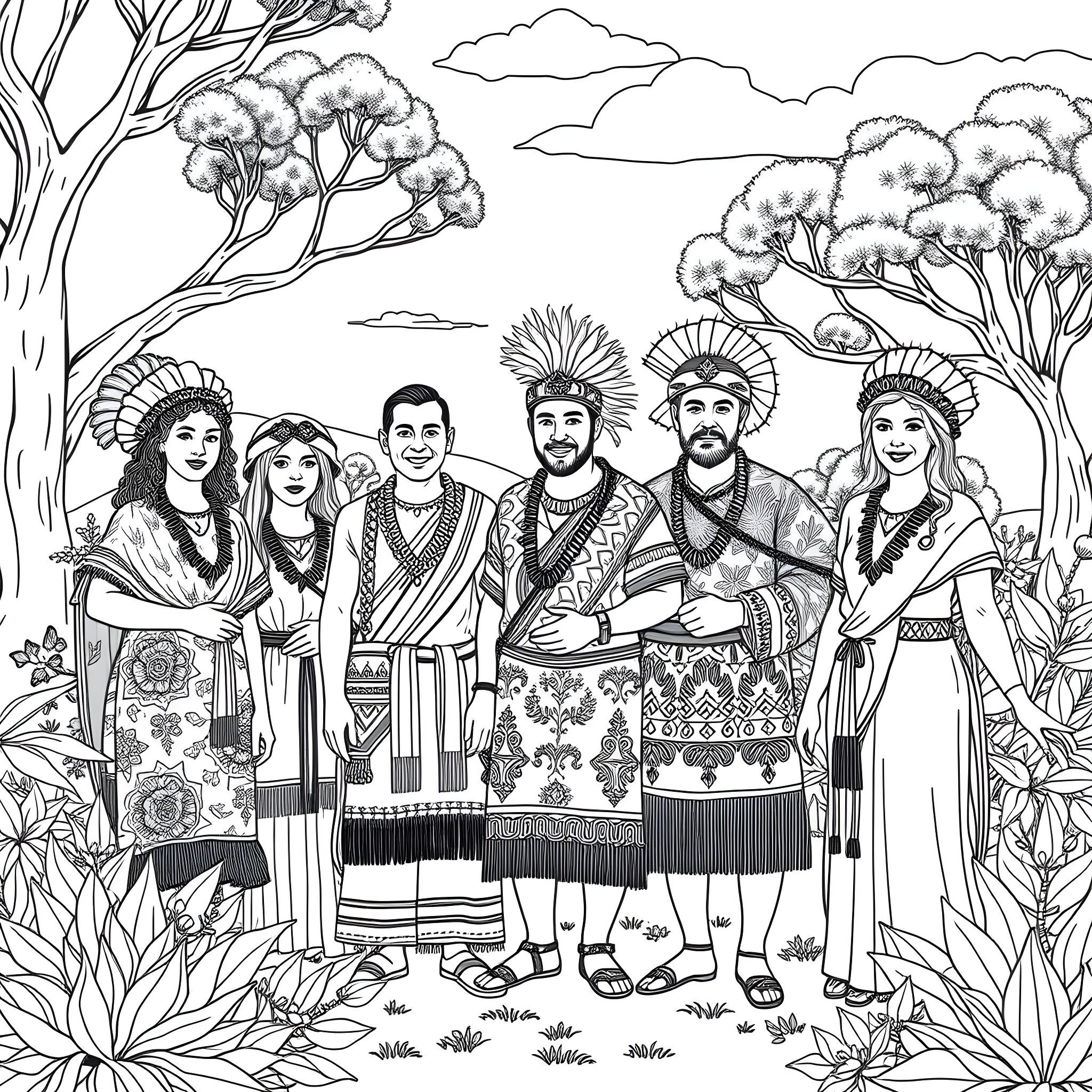 Clothing of indigenous people in nature Coloring Page (free black-and-white line drawing printable PDF for all, from beginners to advanced learners, including children, teens, adults, and seniors)