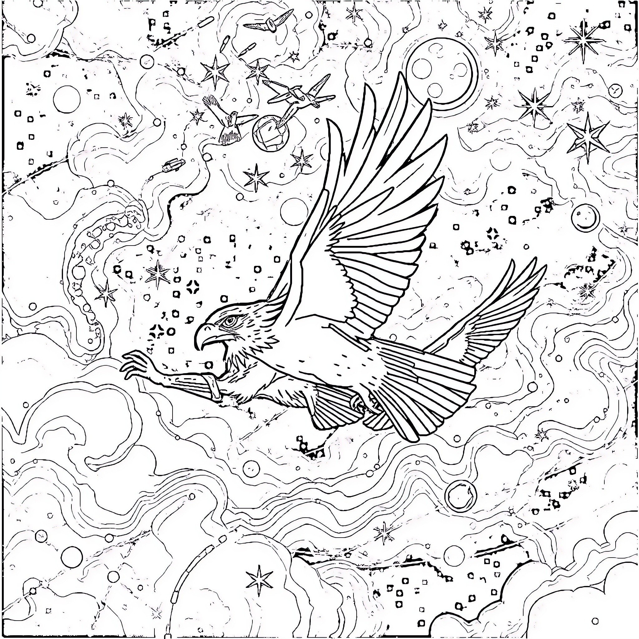 Galactic Falcons soaring through cosmic landscapes Coloring Page (free black-and-white line drawing printable PDF for all, from beginners to advanced learners, including children, teens, adults, and seniors)