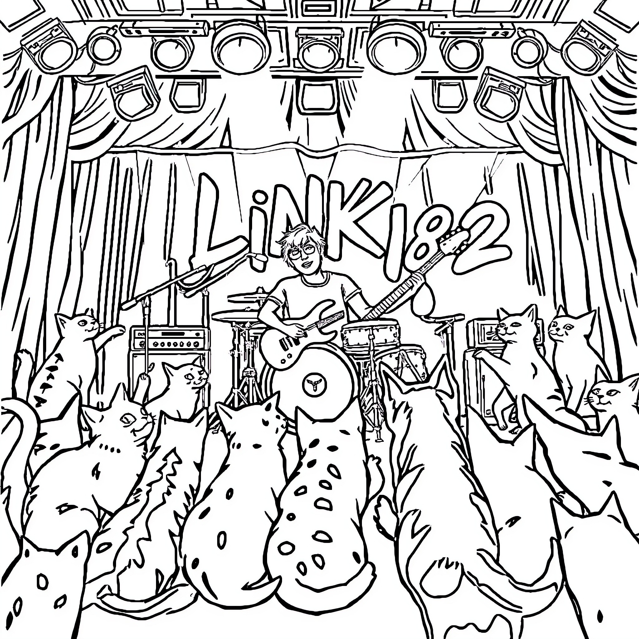 Blink 182 Performing on Stage with Whimsical Creatures Coloring Page (free black-and-white line drawing printable PDF for all, from beginners to advanced learners, including children, teens, adults, and seniors)
