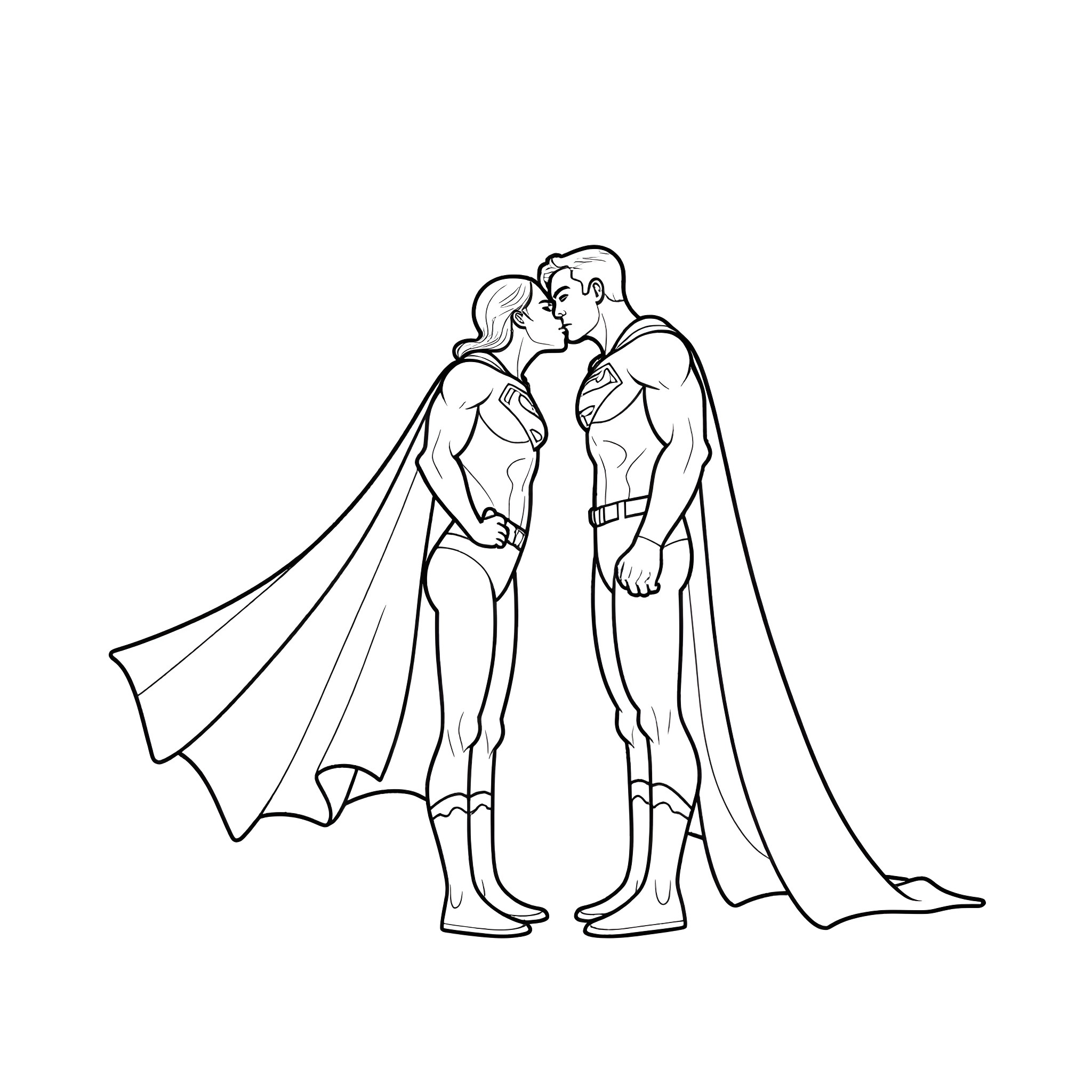 Superman embracing his love in a romantic moment Coloring Page (free black-and-white line drawing printable PDF for all, from beginners to advanced learners, including children, teens, adults, and seniors)