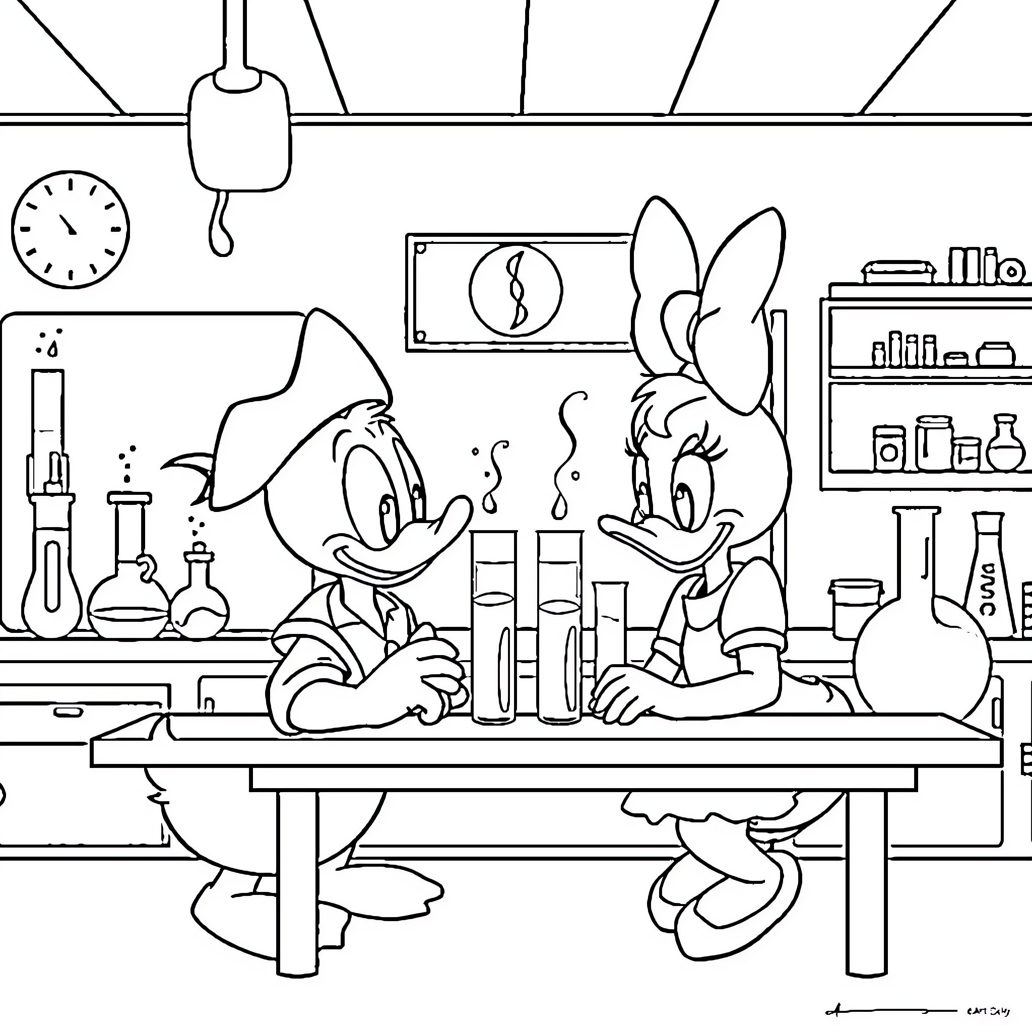 Donald Duck and Daisy Duck Working in a Lab Coloring Page (free black-and-white line drawing printable PDF for all, from beginners to advanced learners, including children, teens, adults, and seniors)