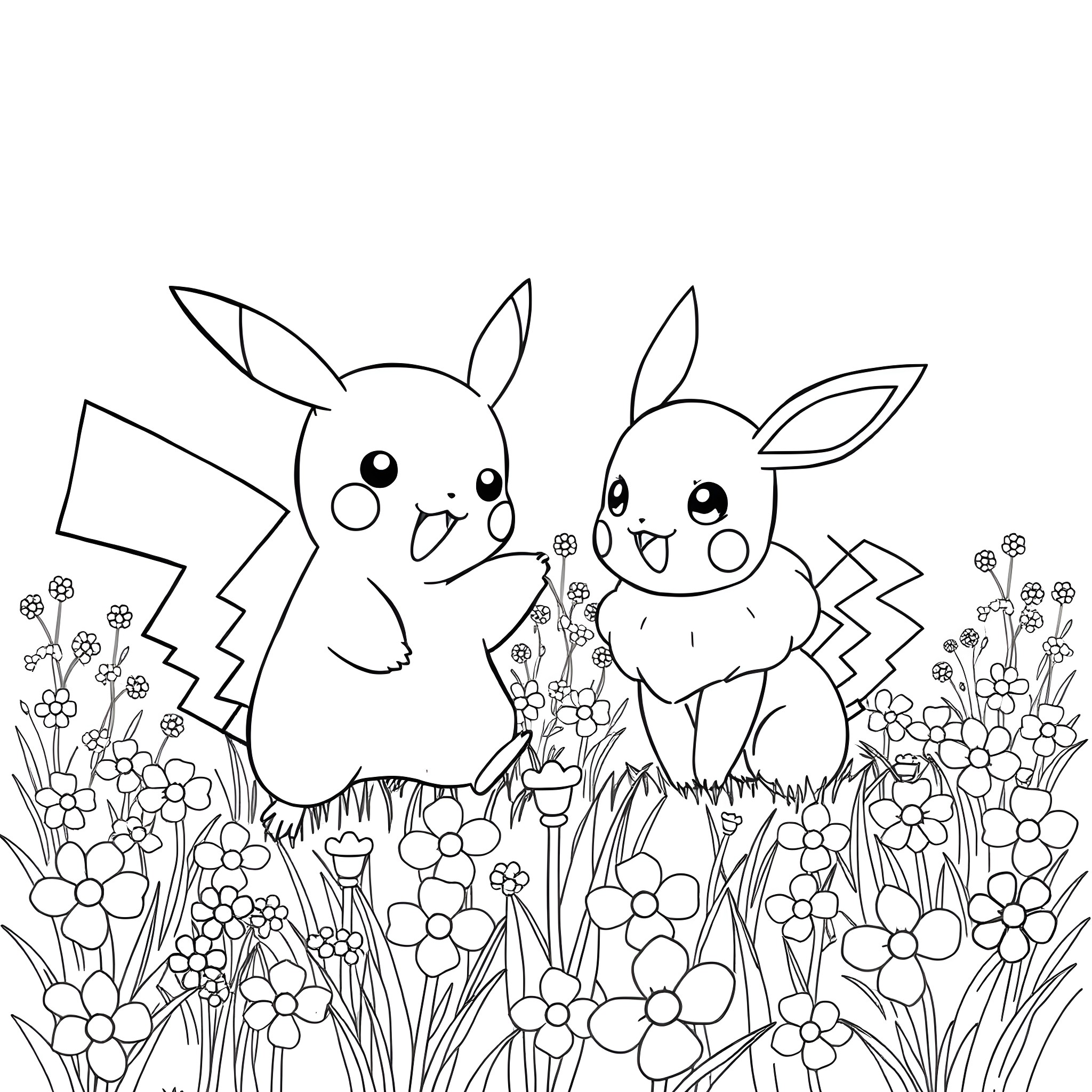 Pikachu and Friends Explore Floral Wonderland Coloring Page (free black-and-white line drawing printable PDF for all, from beginners to advanced learners, including children, teens, adults, and seniors)