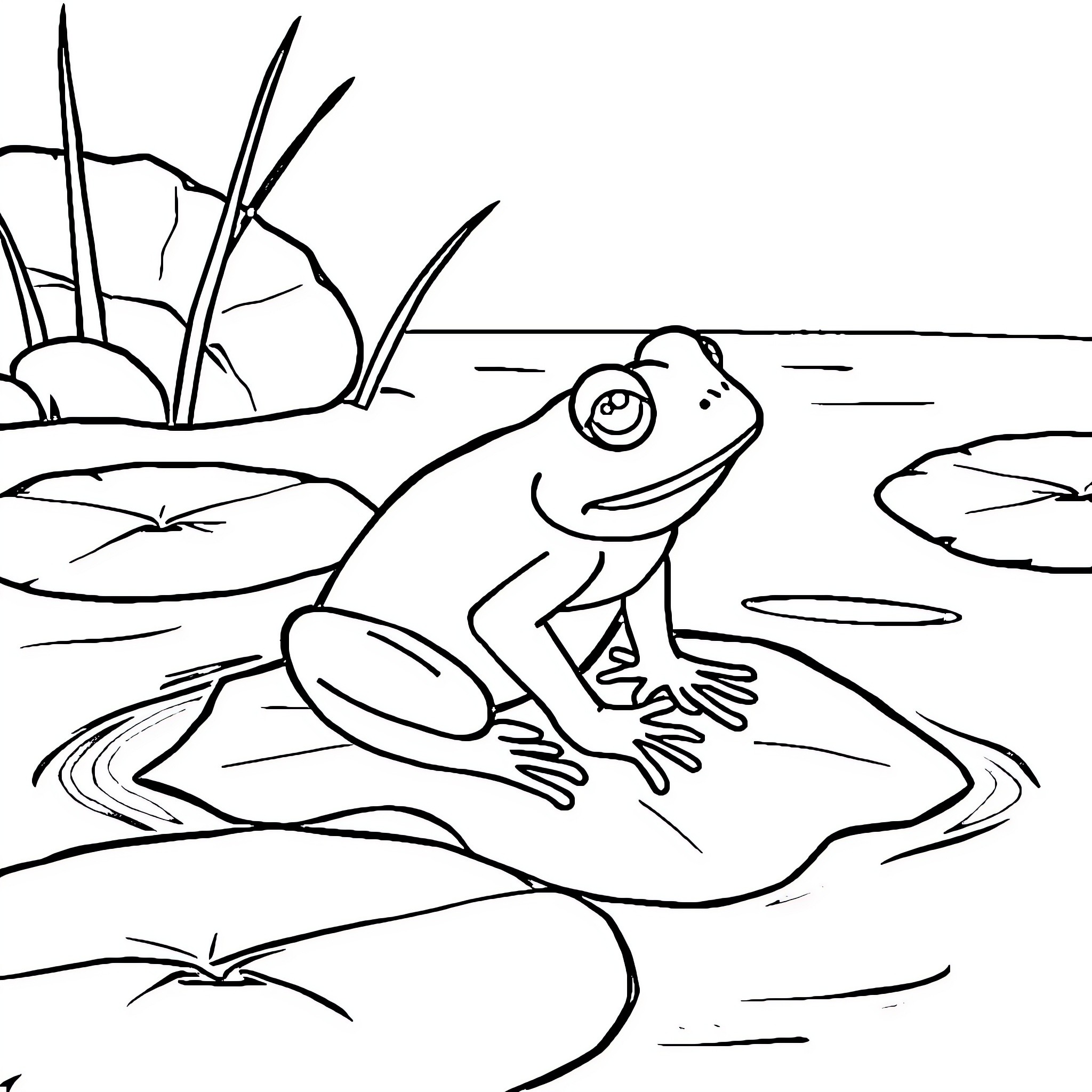 Frog sitting on a lily pad in the pond Coloring Page (free black-and-white line drawing printable PDF for all, from beginners to advanced learners, including children, teens, adults, and seniors)