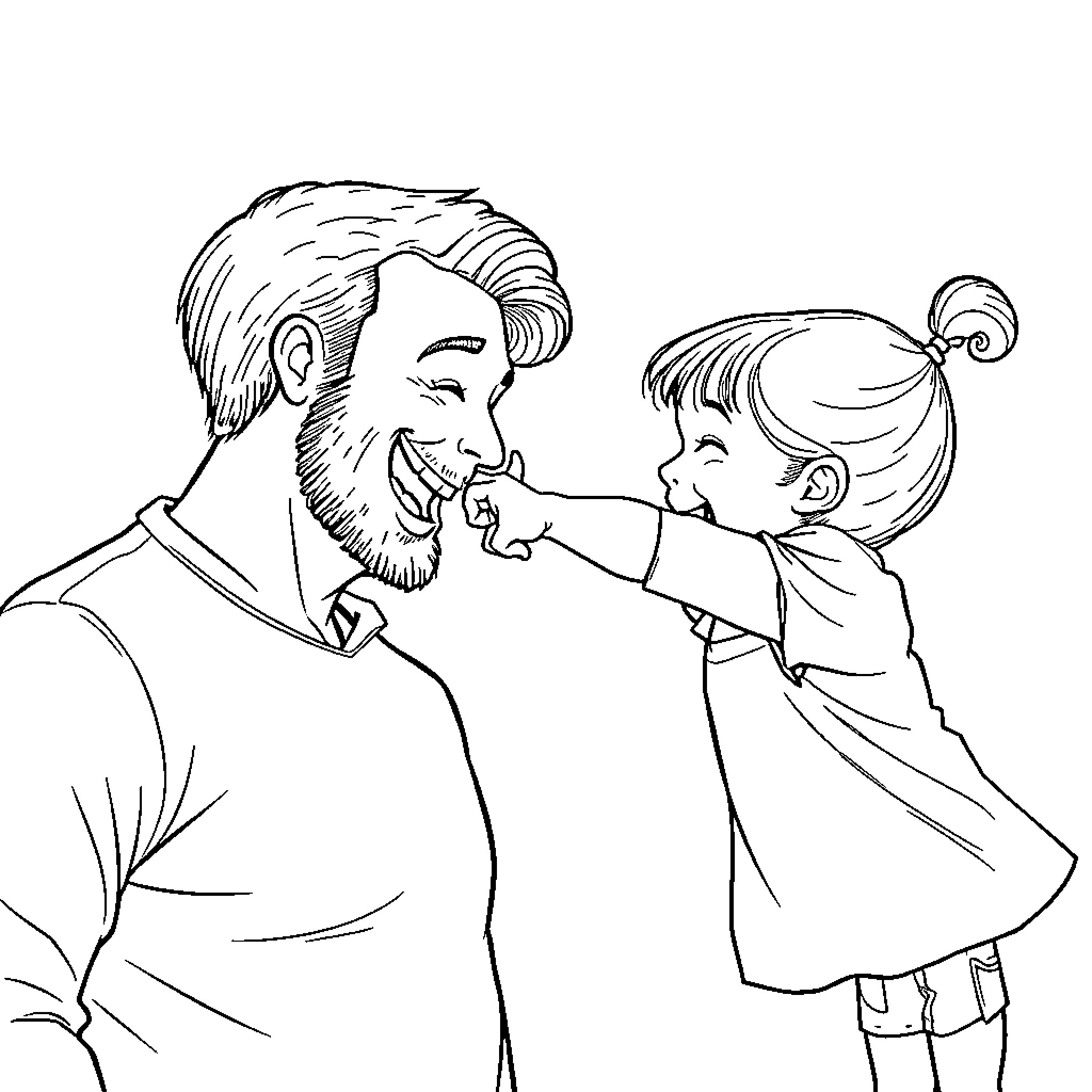 Girl playing affectionately with her father Coloring Page (free black-and-white line drawing printable PDF for all, from beginners to advanced learners, including children, teens, adults, and seniors)