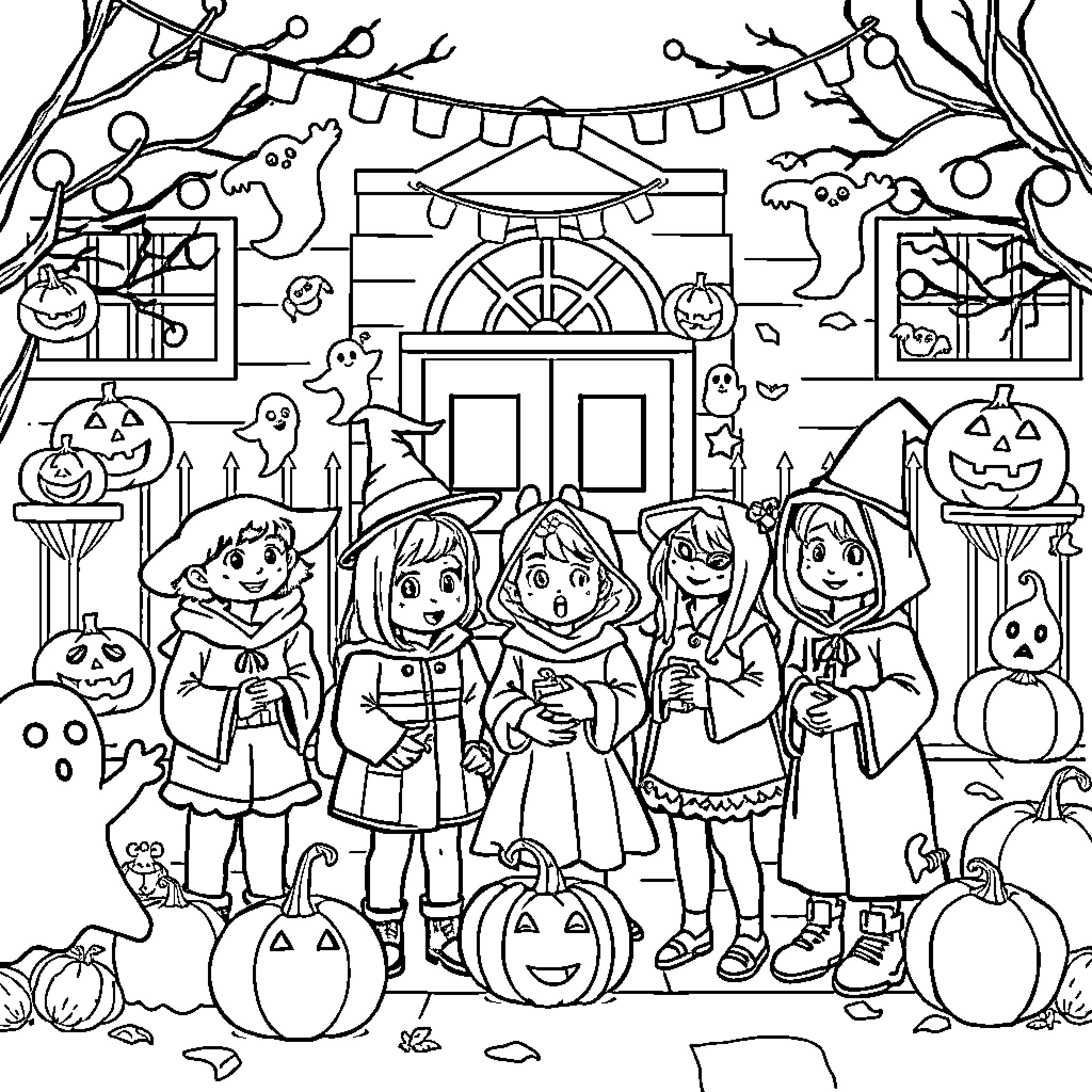 Halloween scene with children in costumes Coloring Page (free black-and-white line drawing printable PDF for all, from beginners to advanced learners, including children, teens, adults, and seniors)