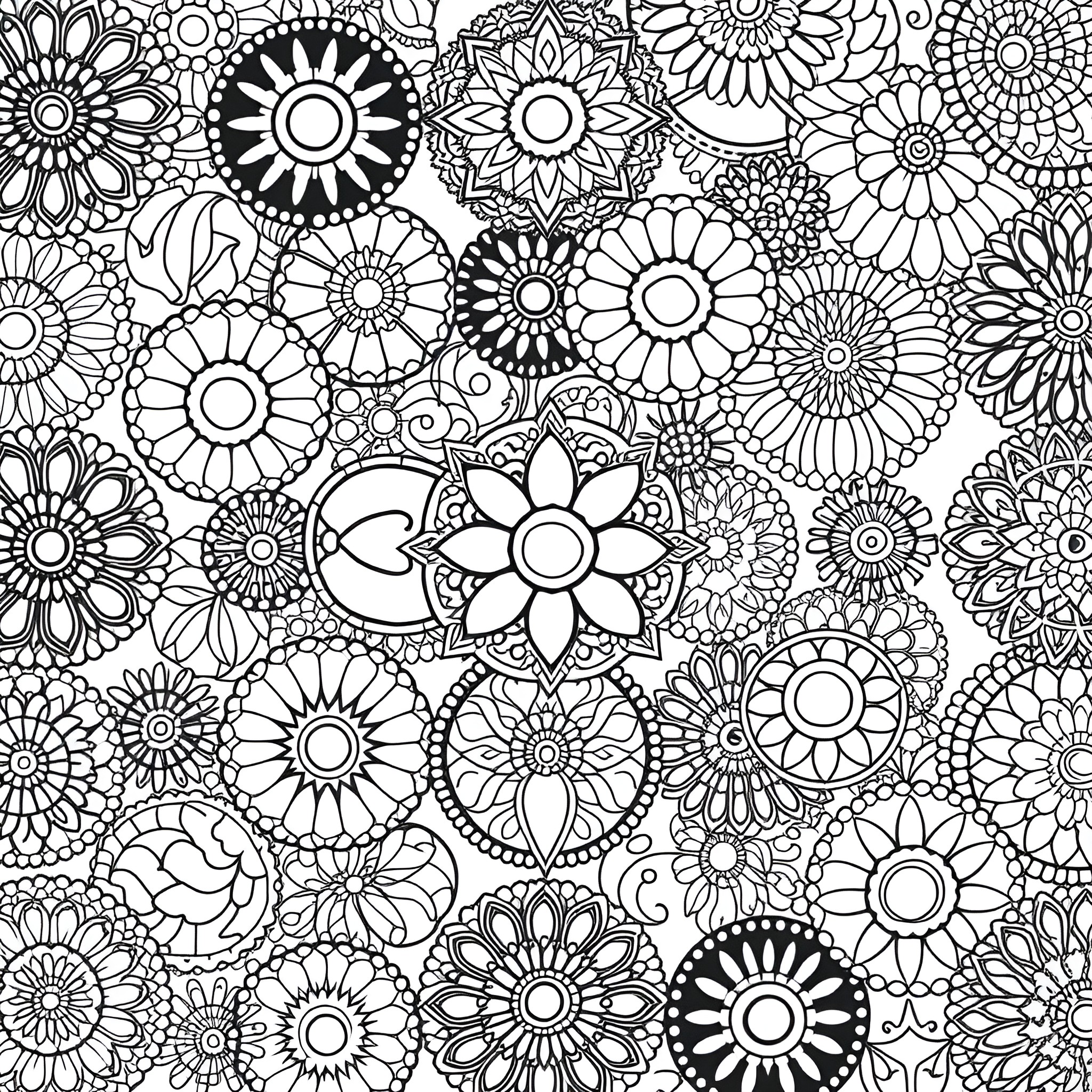 Circle of Floral Designs and Patterns Coloring Page (free black-and-white line drawing printable PDF for all, from beginners to advanced learners, including children, teens, adults, and seniors)