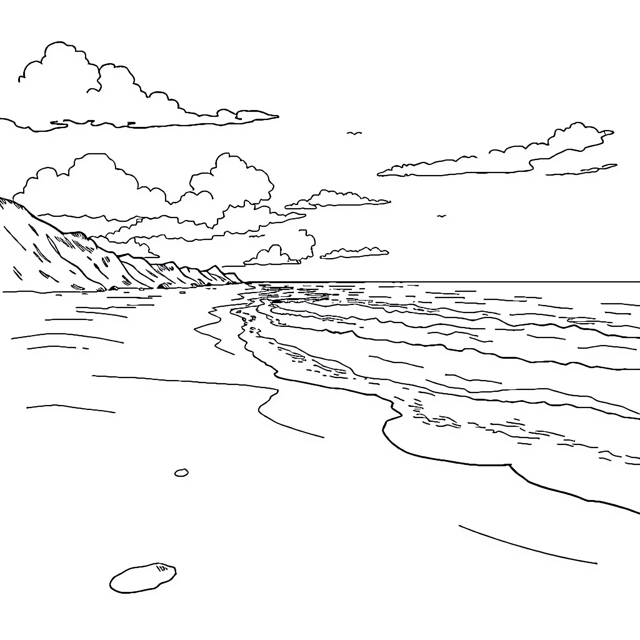 Stitch a tranquil coastal landscape Coloring Page (free black-and-white line drawing printable PDF for all, from beginners to advanced learners, including children, teens, adults, and seniors)