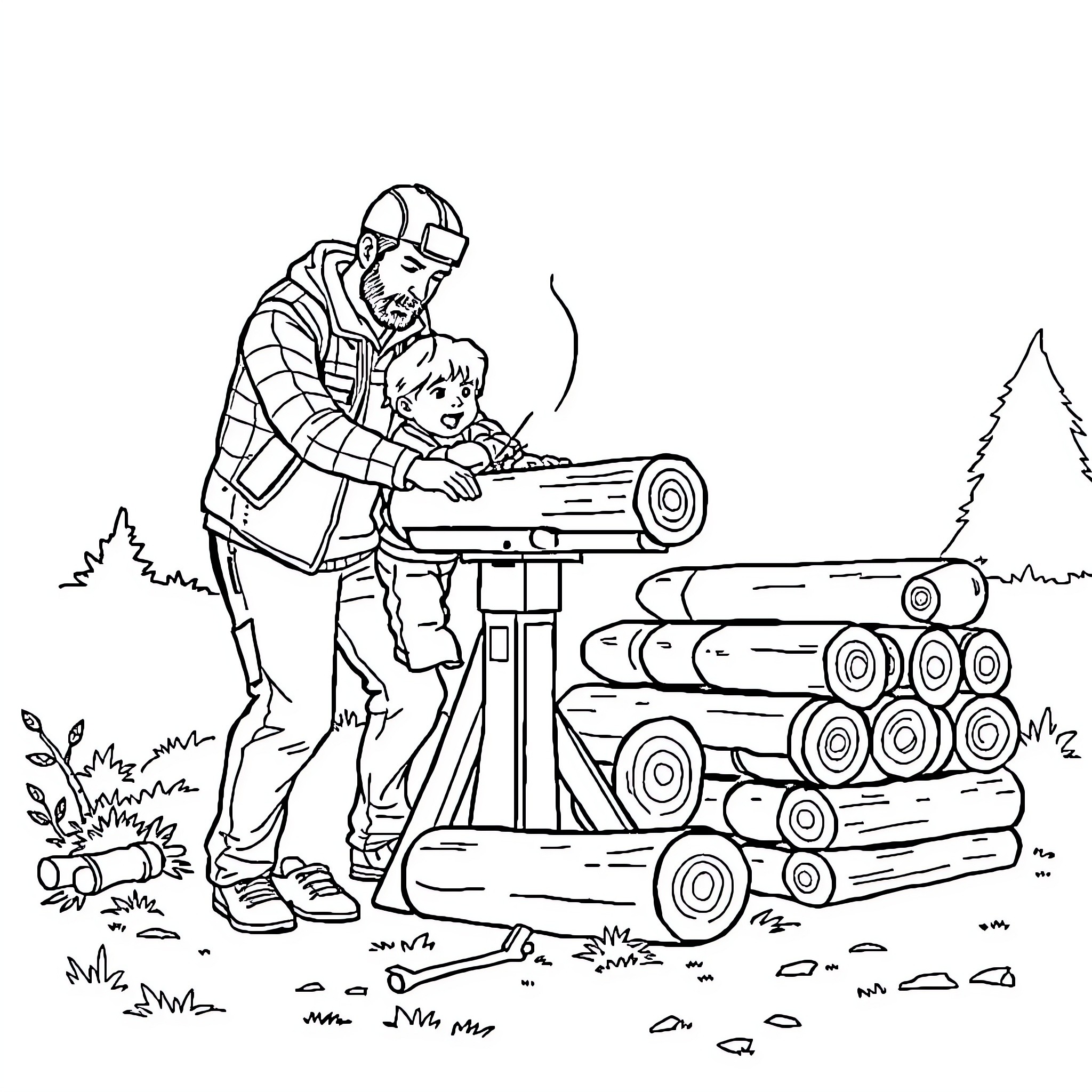 Dad teaching young child to build a structure Coloring Page (free black-and-white line drawing printable PDF for all, from beginners to advanced learners, including children, teens, adults, and seniors)