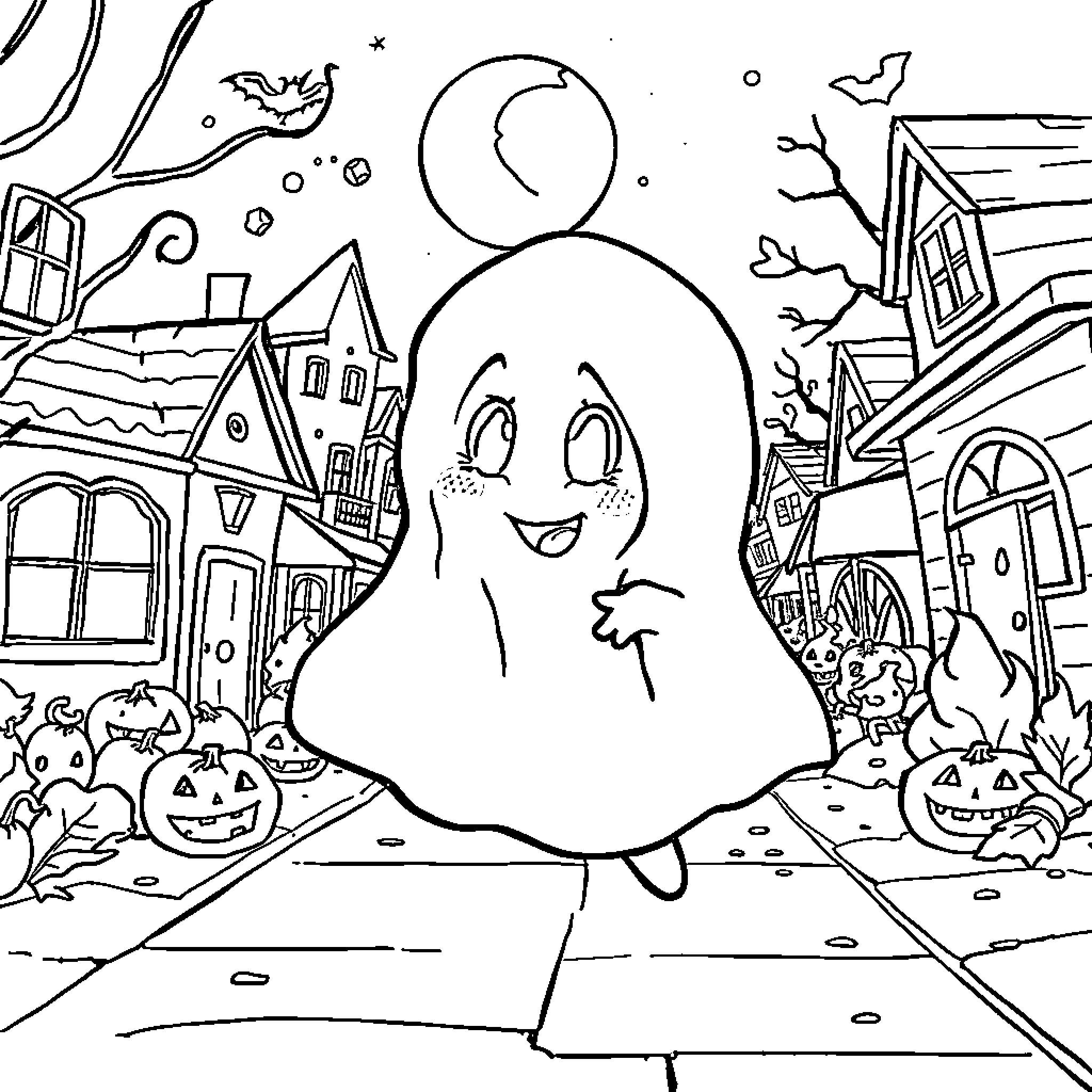 Ghost enjoying a festive Halloween night Coloring Page (free black-and-white line drawing printable PDF for all, from beginners to advanced learners, including children, teens, adults, and seniors)