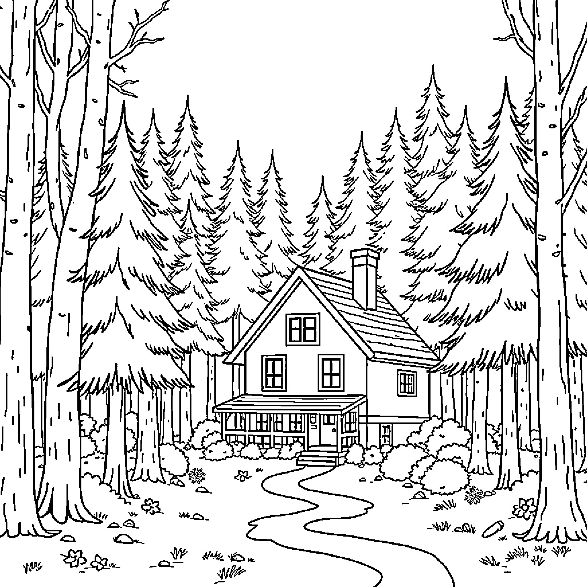 House in the Snowy Forest Landscape Coloring Page (free black-and-white line drawing printable PDF for all, from beginners to advanced learners, including children, teens, adults, and seniors)