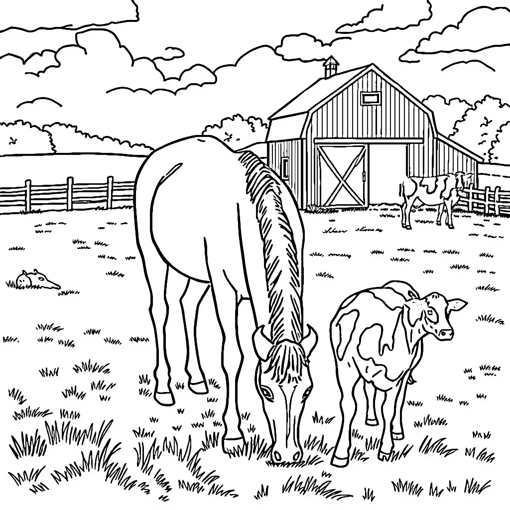Horse grazing in a rural farm landscape Coloring Page (free black-and-white line drawing printable PDF for all, from beginners to advanced learners, including children, teens, adults, and seniors)