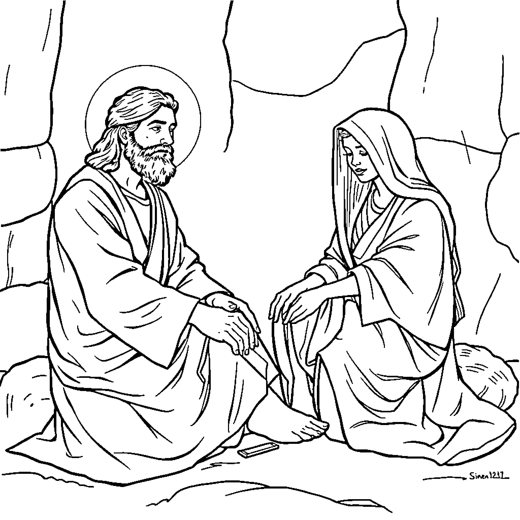 Jesus comforting a woman in need Coloring Page (free black-and-white line drawing printable PDF for all, from beginners to advanced learners, including children, teens, adults, and seniors)