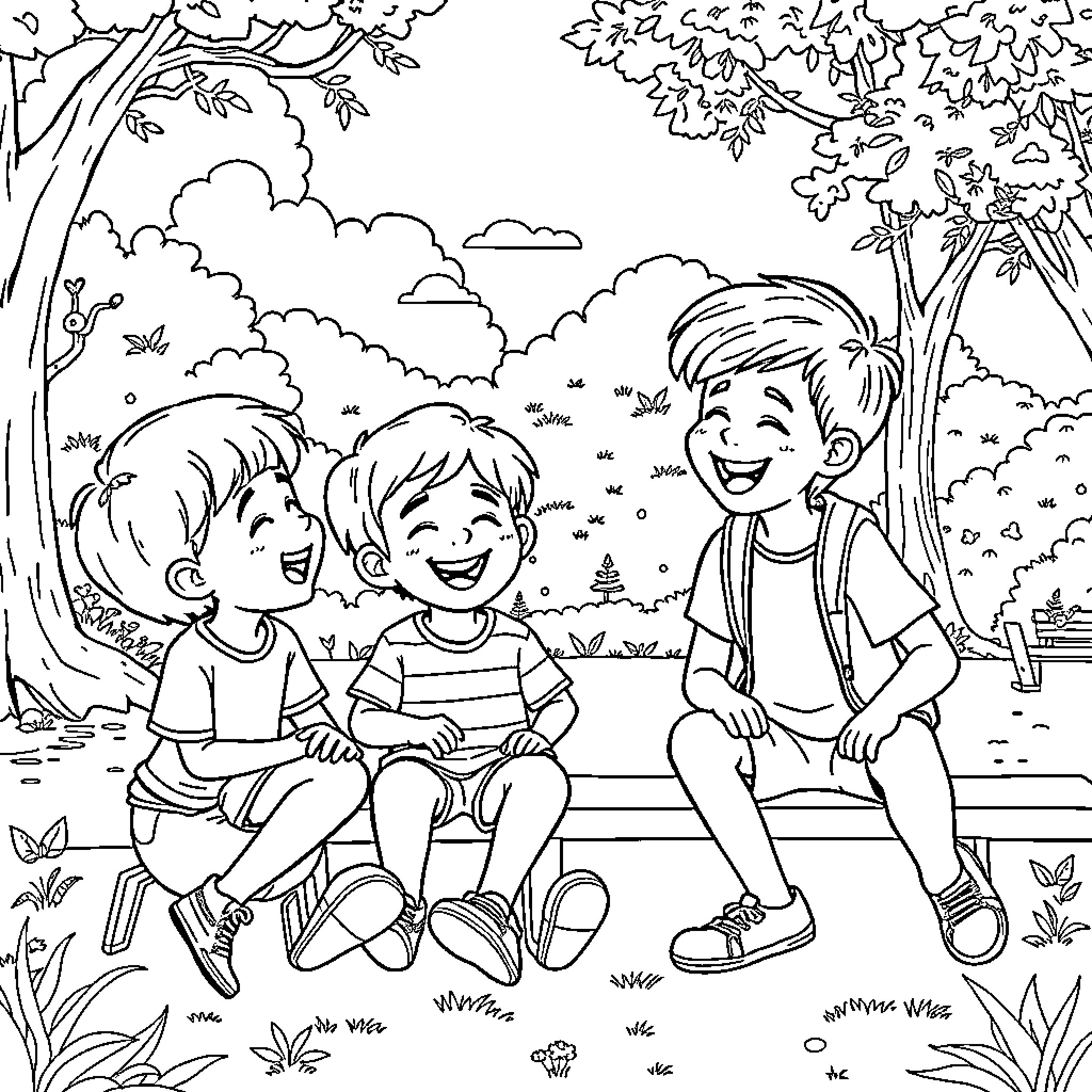 Lucas and friends enjoying outdoor adventures Coloring Page (free black-and-white line drawing printable PDF for all, from beginners to advanced learners, including children, teens, adults, and seniors)