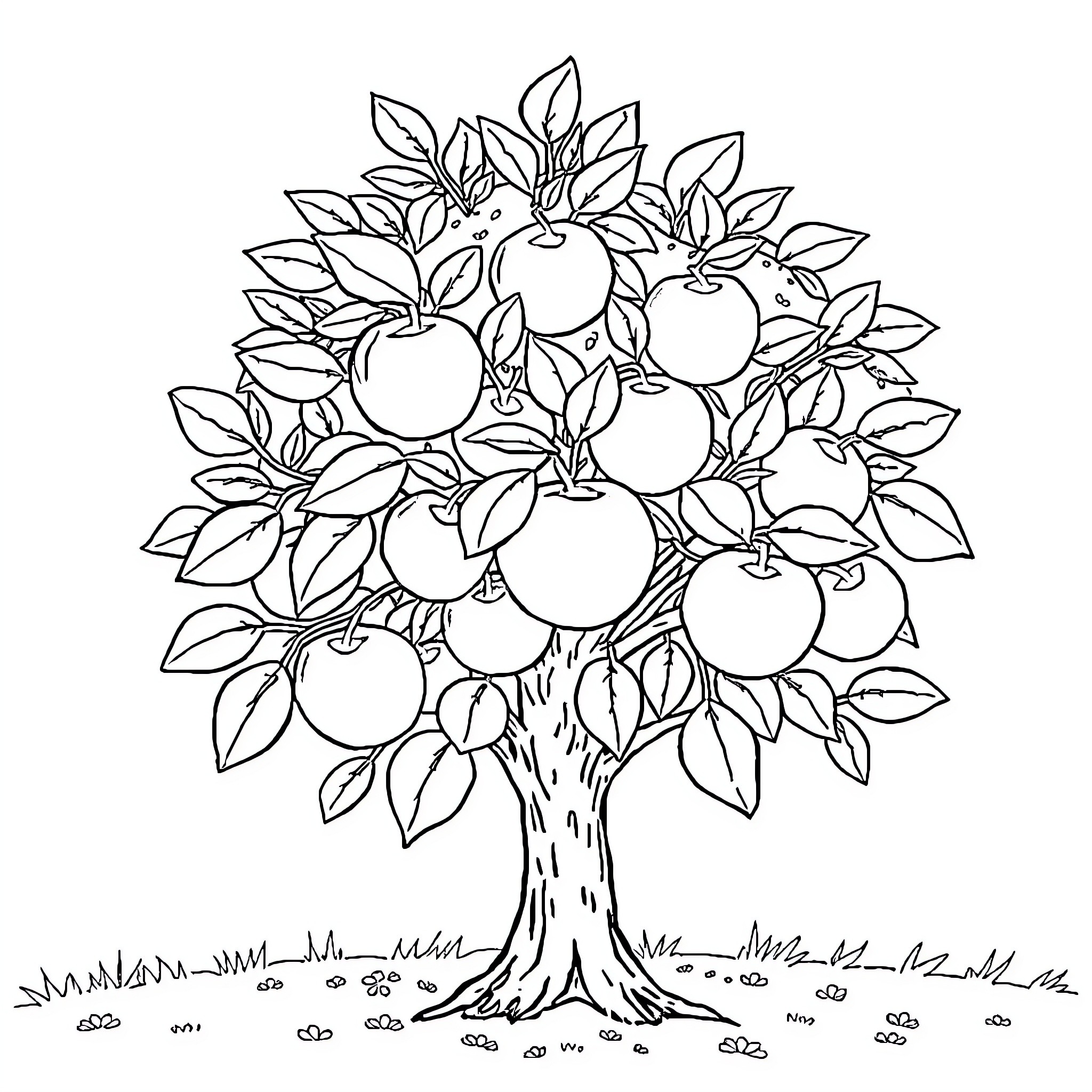 Apple Tree with Lush Foliage and Ripe Fruit Coloring Page (free black-and-white line drawing printable PDF for all, from beginners to advanced learners, including children, teens, adults, and seniors)