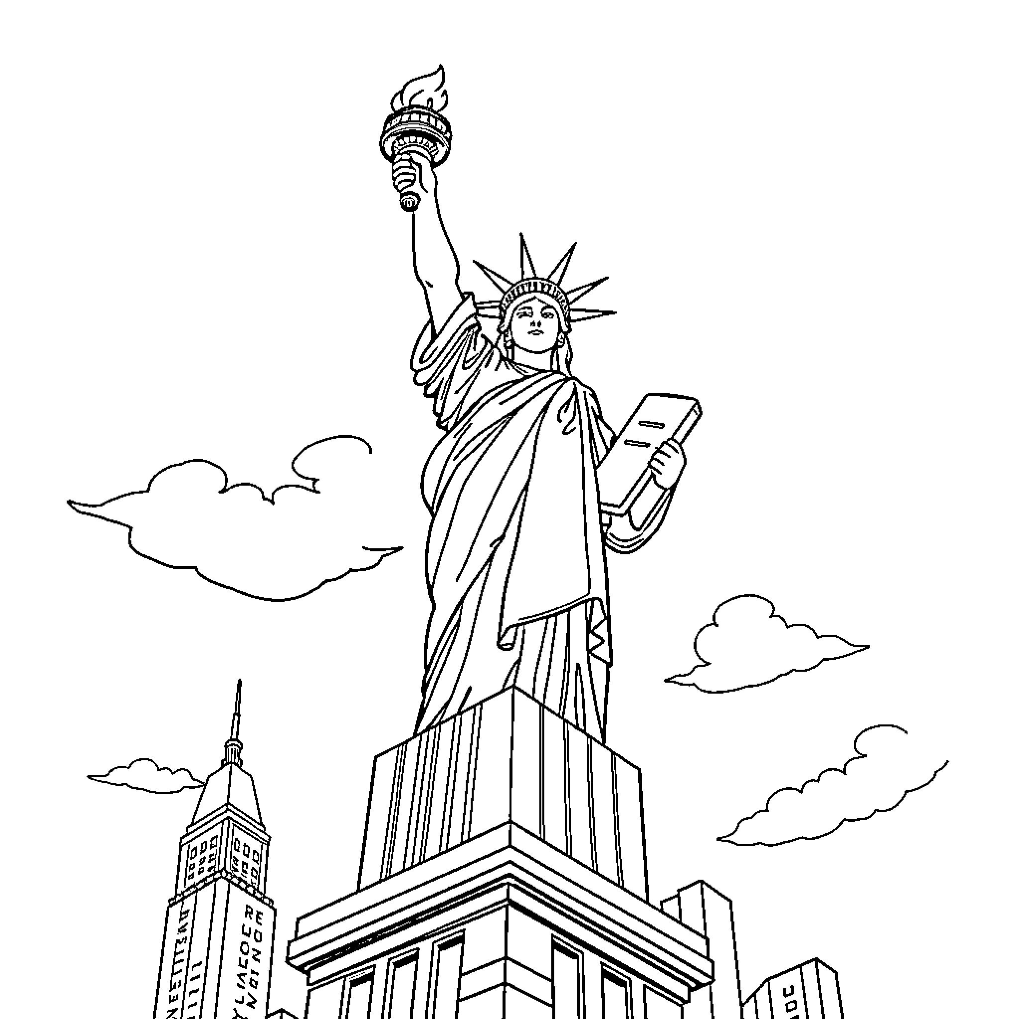 Statue Of Liberty holding a torch and a book Coloring Page (free black-and-white line drawing printable PDF for all, from beginners to advanced learners, including children, teens, adults, and seniors)