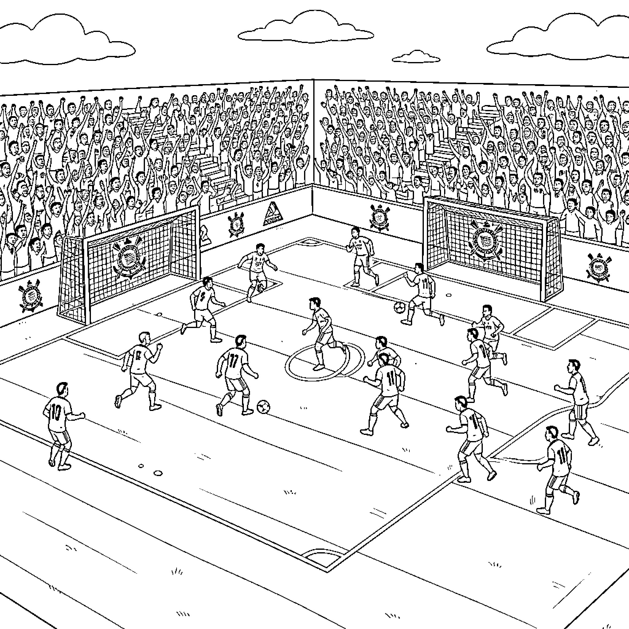 Soccer match with crowd in stadium Coloring Page (free black-and-white line drawing printable PDF for all, from beginners to advanced learners, including children, teens, adults, and seniors)