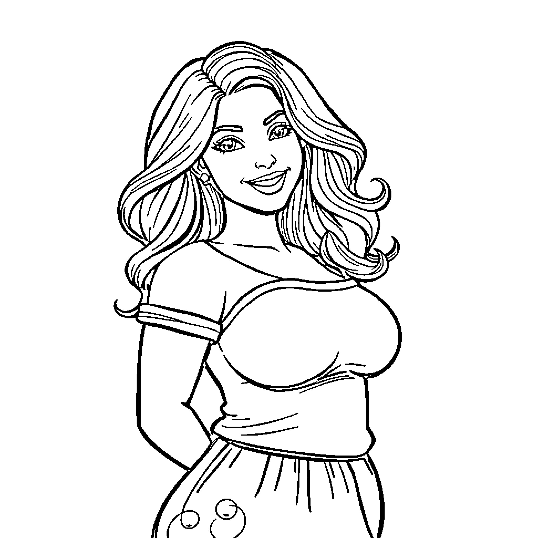 Lady with long wavy hair smiling happily Coloring Page (free black-and-white line drawing printable PDF for all, from beginners to advanced learners, including children, teens, adults, and seniors)