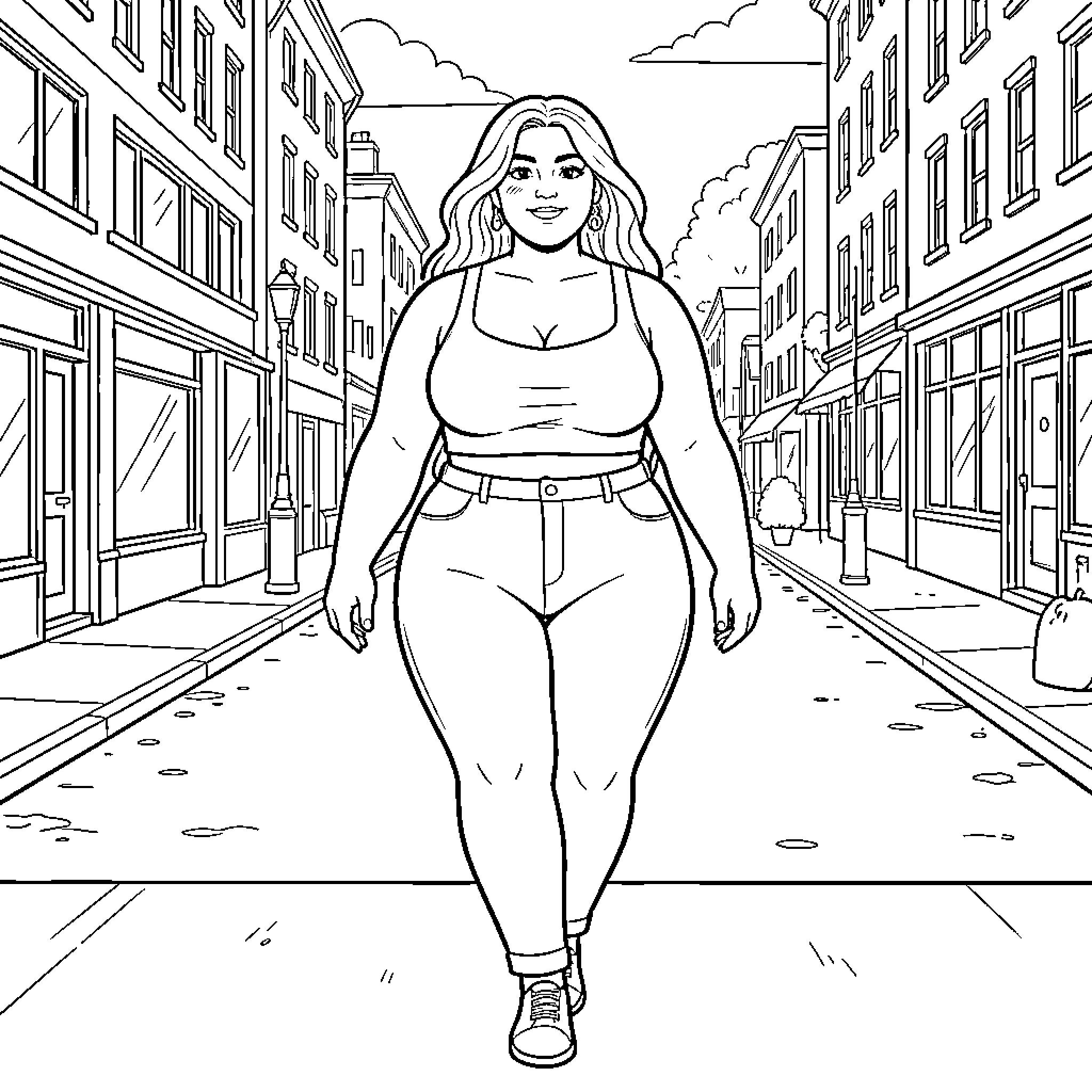 Woman walking confidently down a city street Coloring Page (free black-and-white line drawing printable PDF for all, from beginners to advanced learners, including children, teens, adults, and seniors)