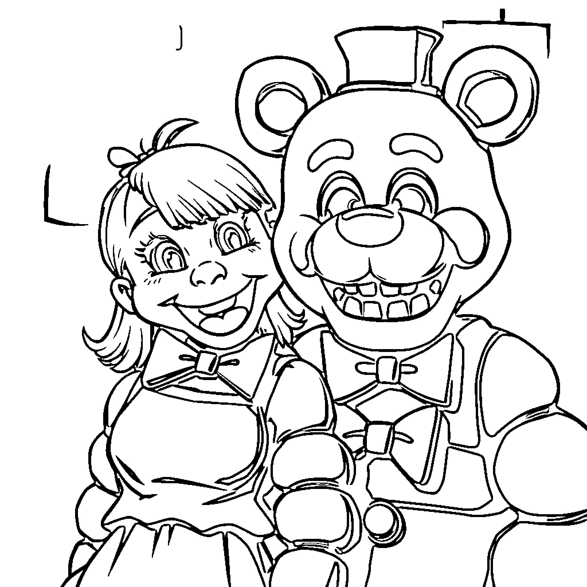 Freddy Fazbear and Friends in Animated Embrace Coloring Page (free black-and-white line drawing printable PDF for all, from beginners to advanced learners, including children, teens, adults, and seniors)